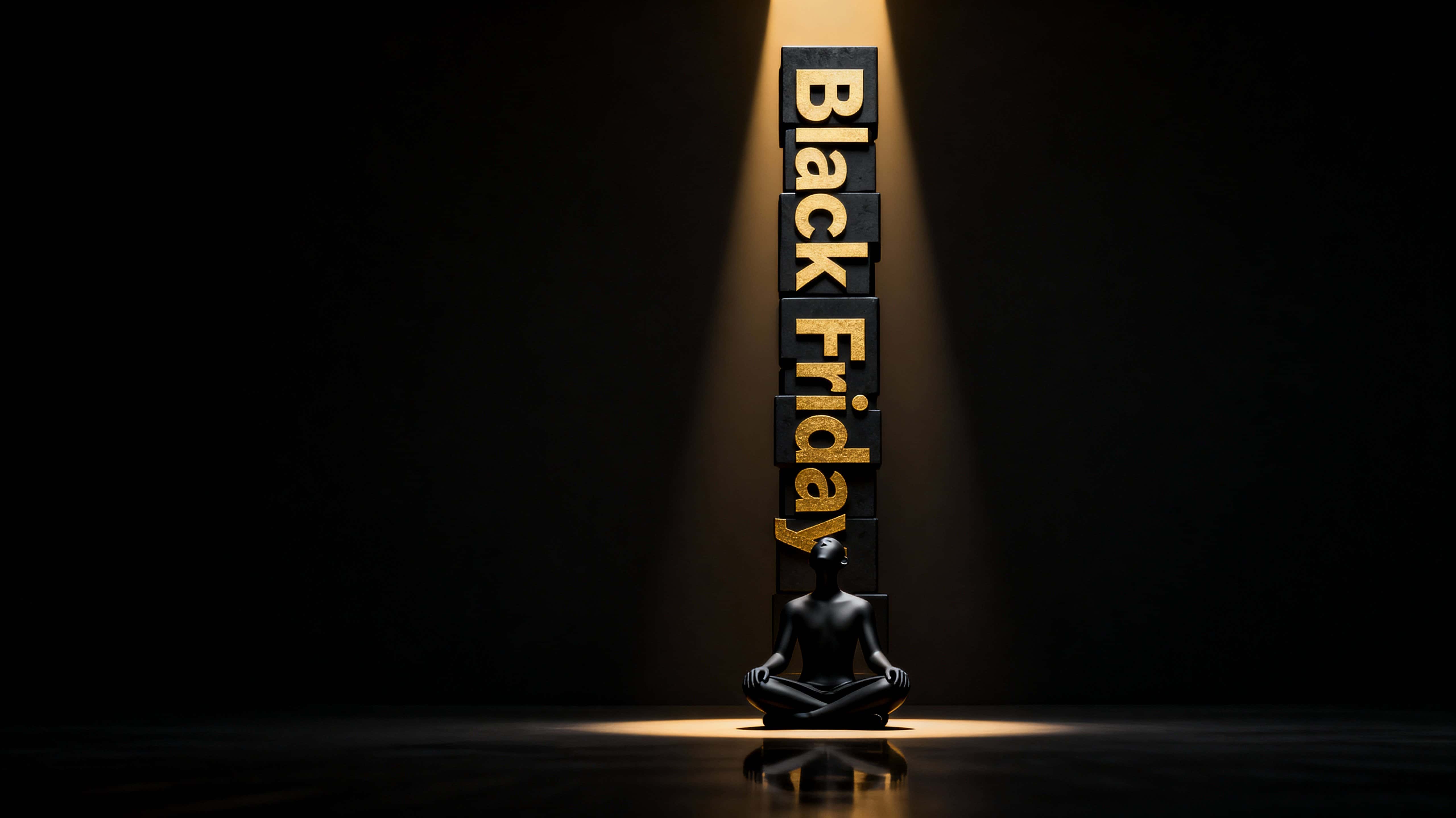 A small matte-black faceless figure sits cross-legged centered low before a towering vertical monolith spelling Black Friday in fused matte-black letters with brushed-gold fronts, illuminated by a narrow warm beam from above and surrounded,