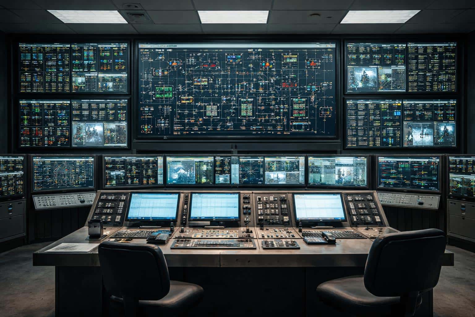 Wide 3:2 photograph of a factory control room with wall-sized dashboards and operator consoles, composed for poster or editorial use with industrial mood and precise framing.
