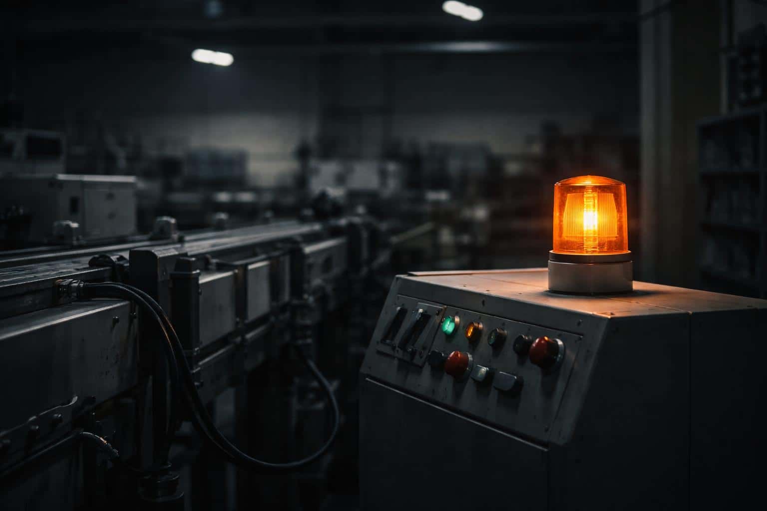 Factory downtime moment rendered as industrial photography in 3:2 poster format showing silent machines, a single warning light, cool steel tones, and a tense, motionless atmosphere.
