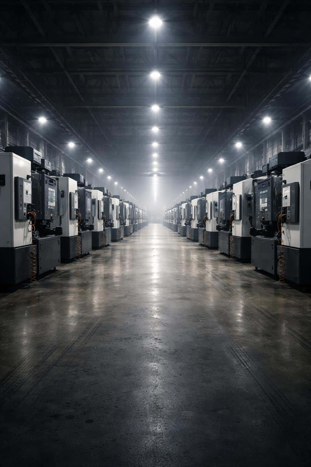 Wide industrial factory floor in a vertical 2:3 frame showing repeating machines receding toward a vanishing point, photographed with clean industrial lighting for poster use.