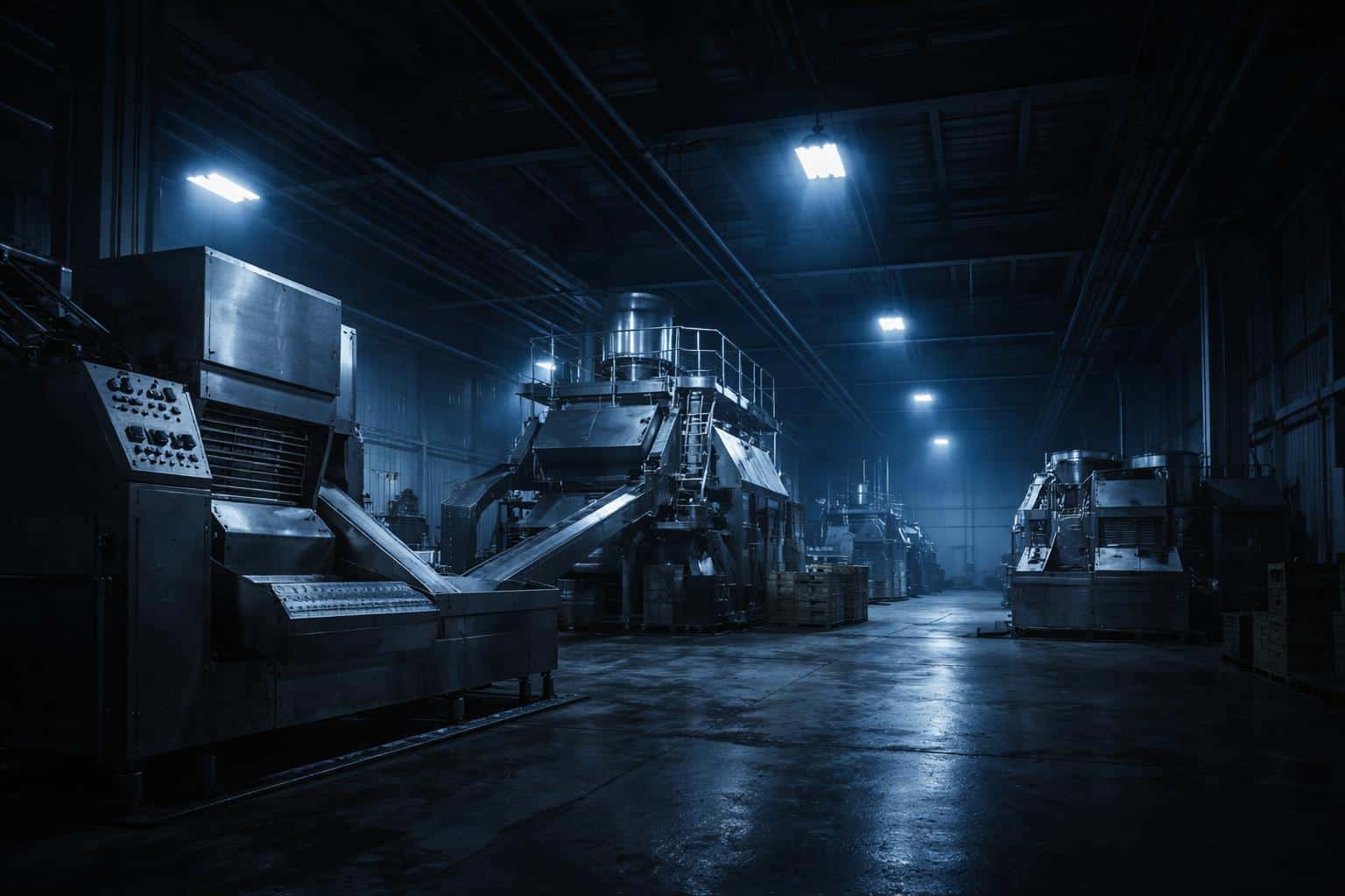Factory night shift photographed as an industrial scene with cool blue overhead lighting, dramatic shadows and precise 3:2 framing for poster or editorial use.