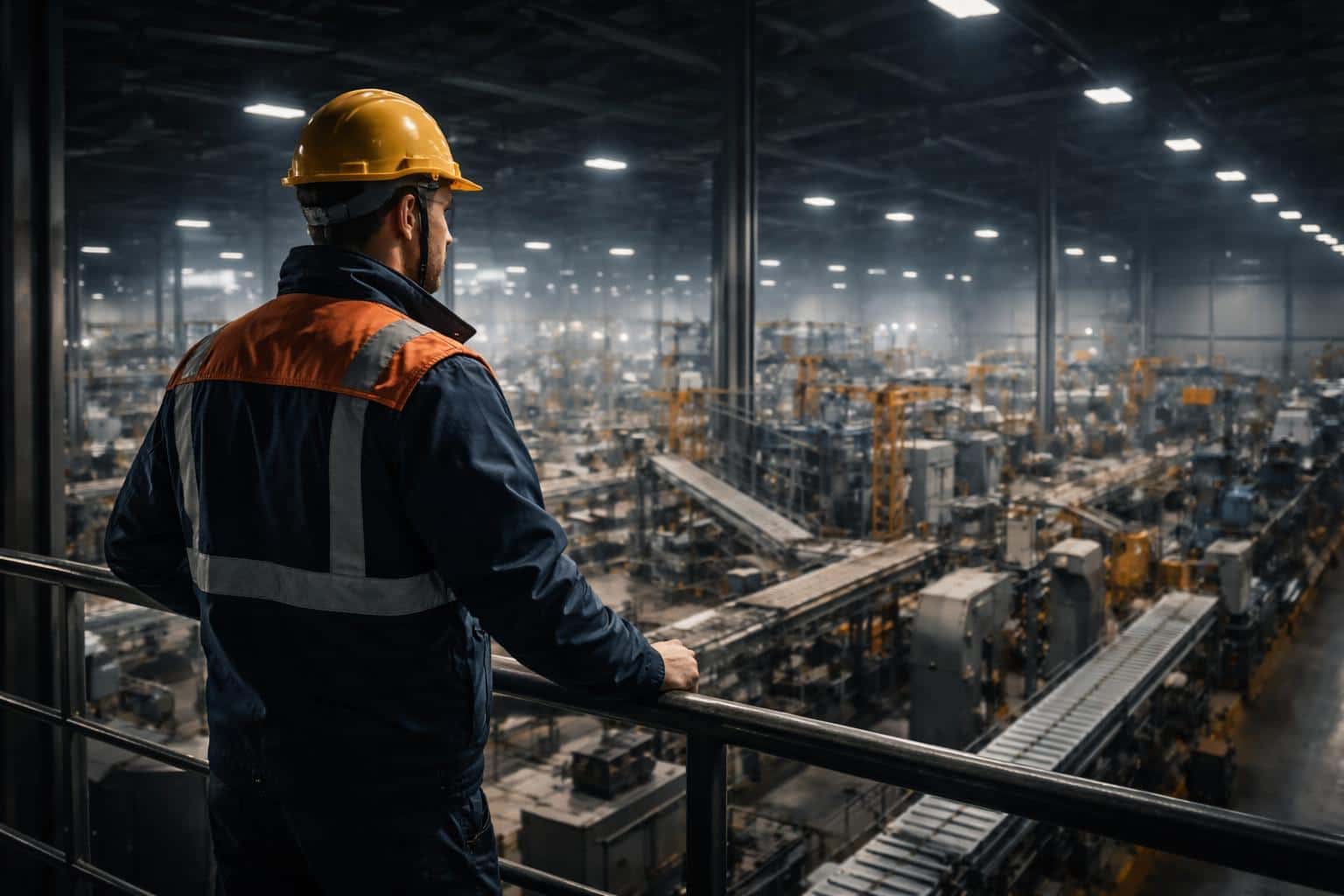 Factory supervisor stands on an elevated platform overlooking the production floor in an editorial photograph, framed and cropped for a 3:2 poster-cover composition.