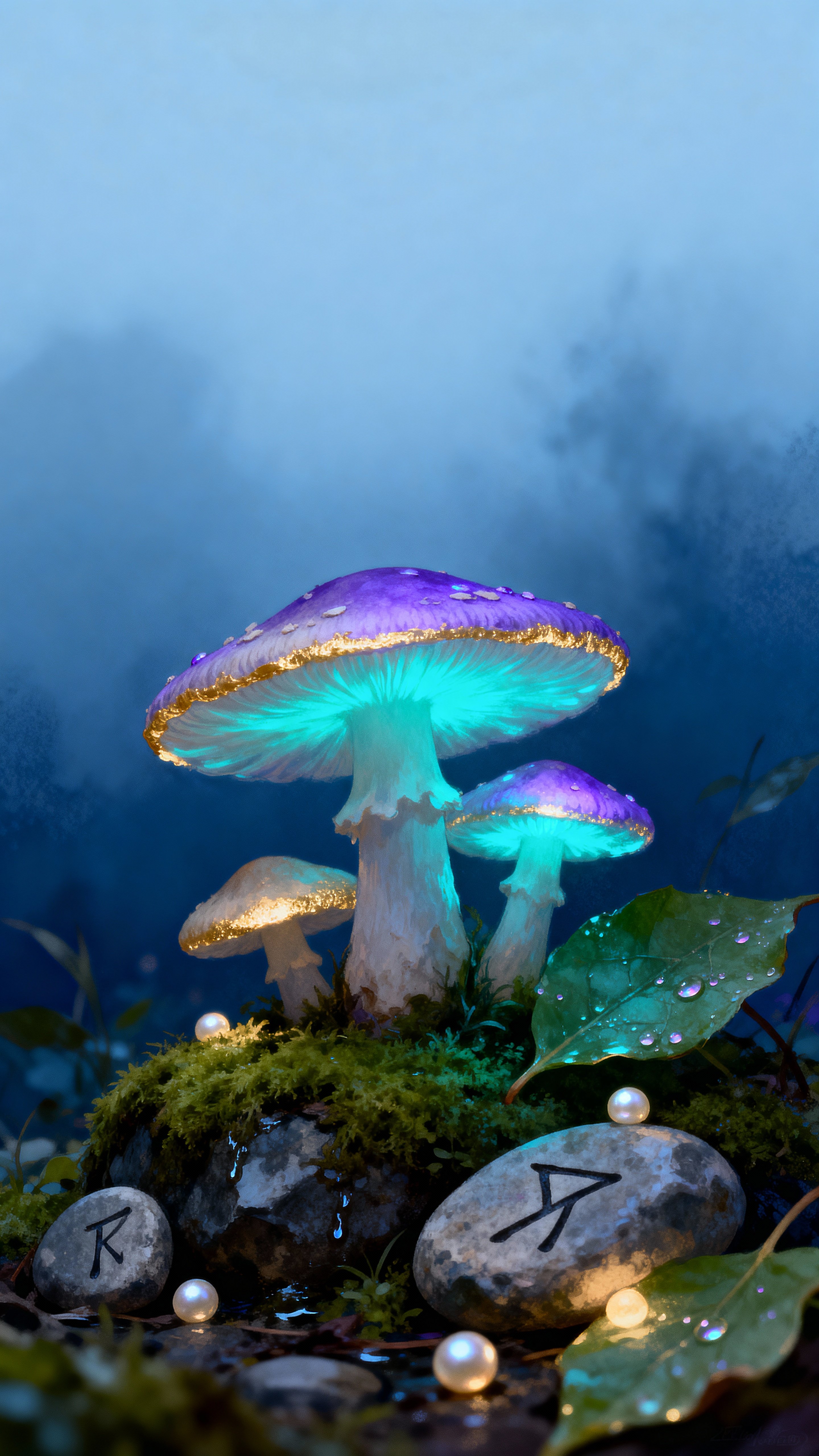 A vertical fairy circle bathed in soft bioluminescent glow in a misted forest clearing, composed for a 9:16 frame to feel intimate and otherworldly with close crop on organic details.
