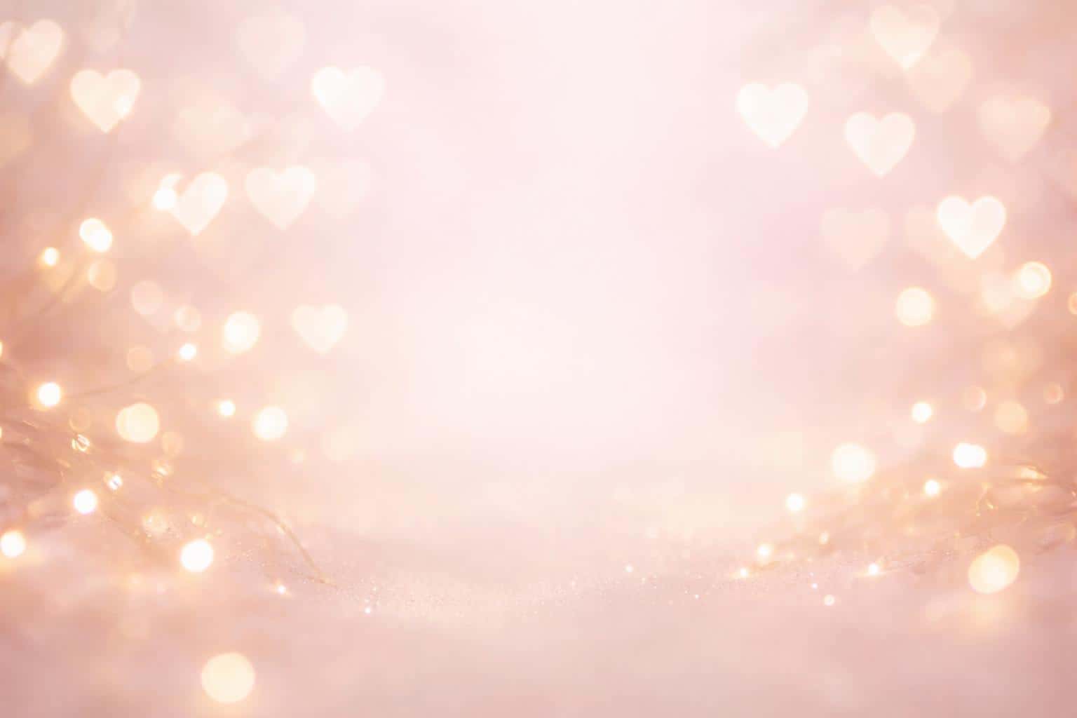 Cinematic 3:2 wide abstract photograph of warm golden fairy lights drifting through a pastel pink atmosphere with heart-shaped bokeh and a smooth gradient for text.