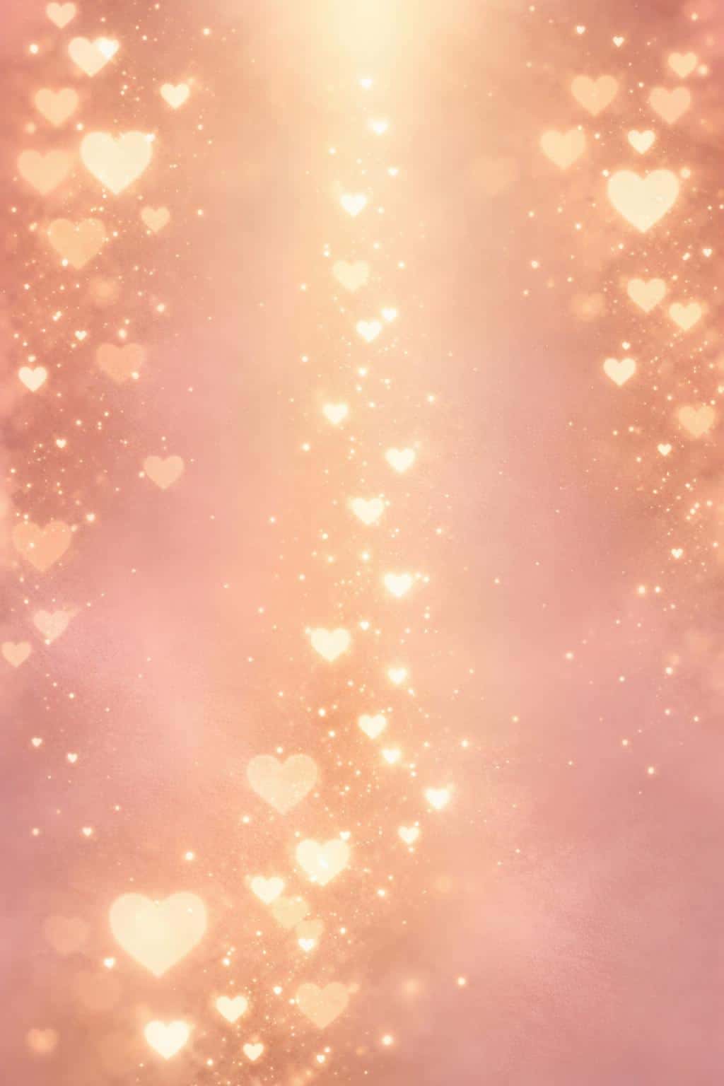 Vertical 2:3 cinematic abstract of warm golden fairy lights drifting upward through a pastel pink atmosphere with heart-shaped bokeh clustered at the edges and a tall central negative space, creating a silky, romantic mobile card finish.