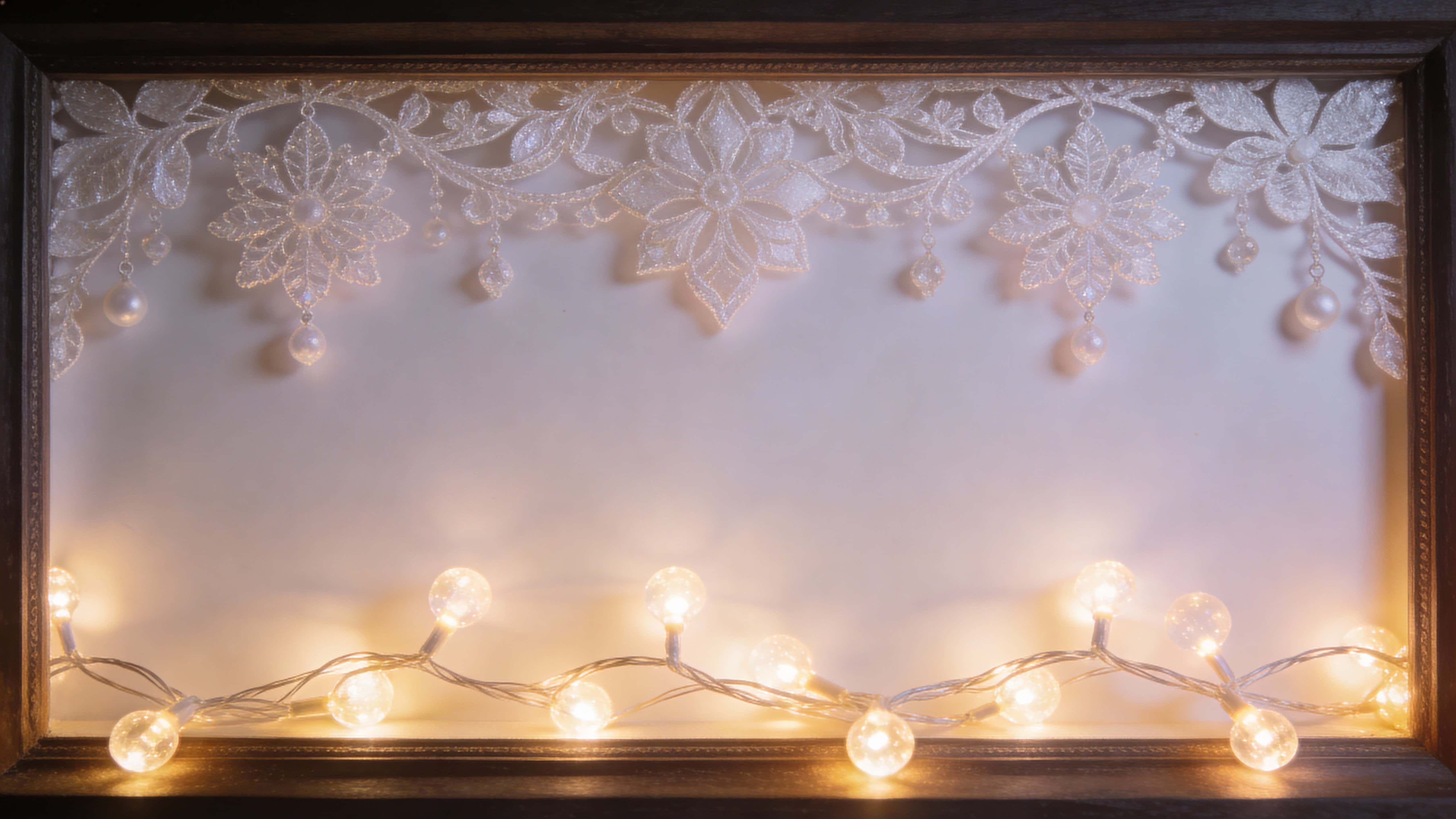 Glowing fairy lights cluster along the lower edge, a lighter, airy decorative element sits near the top, and a strong, dark base frame anchors the scene within a 16:9 crop.