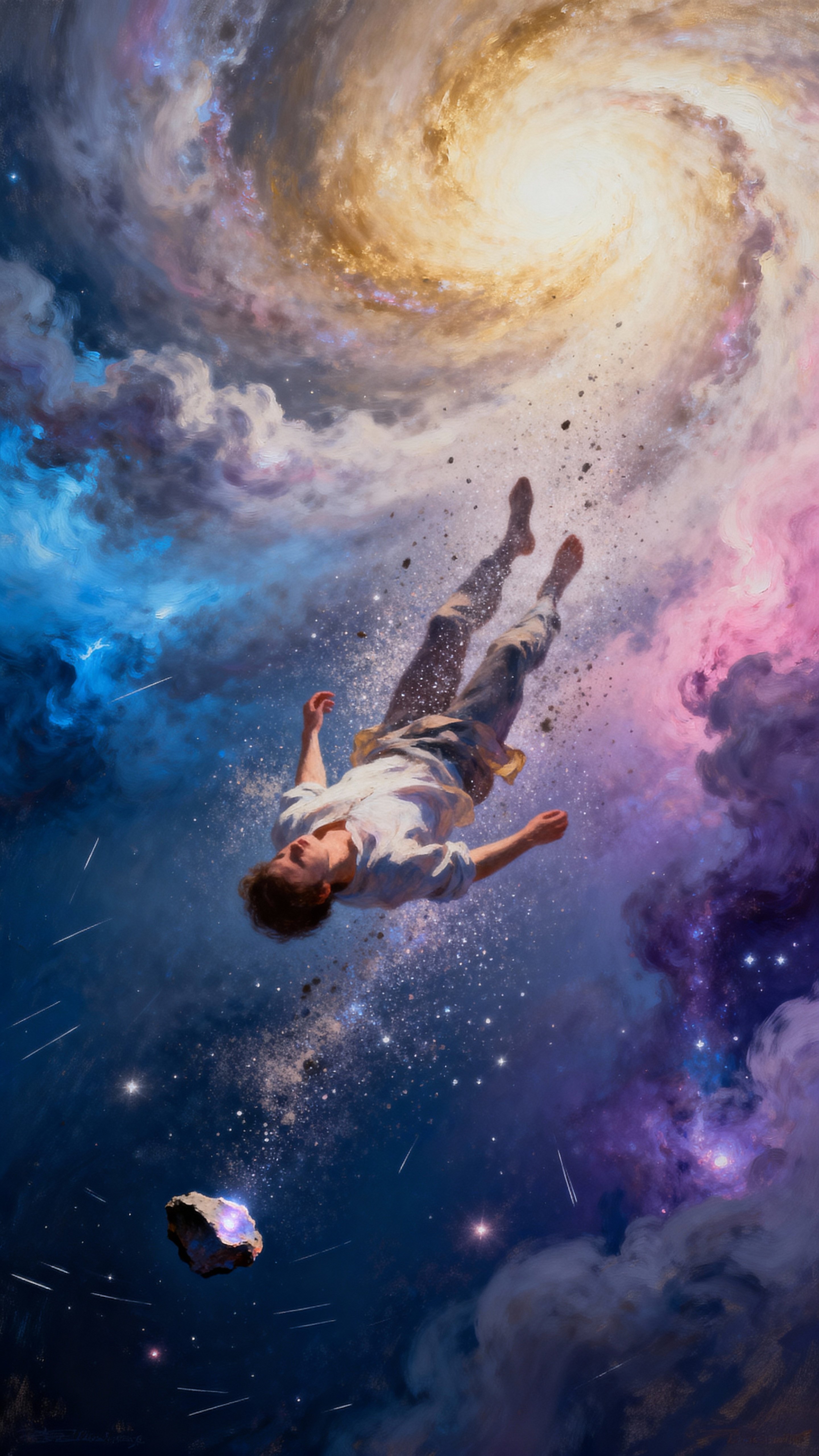 A lone figure tumbles in slow motion through a rotating storm of stardust and nebula clouds, surrounded by glowing gaseous formations and drifting particles in a vertical portrait frame.