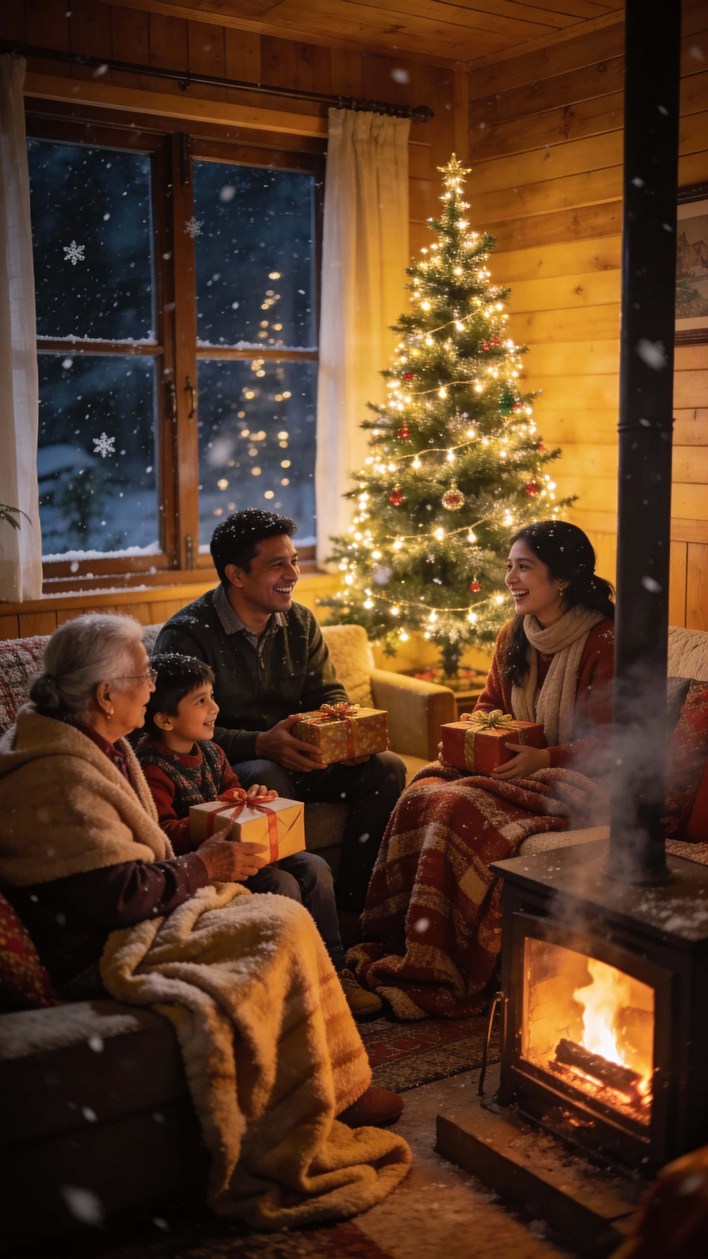 A family gathers inside a wooden Darjeeling homestay on Christmas night, with a softly lit tree, warm yellow lights, a glowing fireplace, cozy blankets, and faint snow drifting past the window.