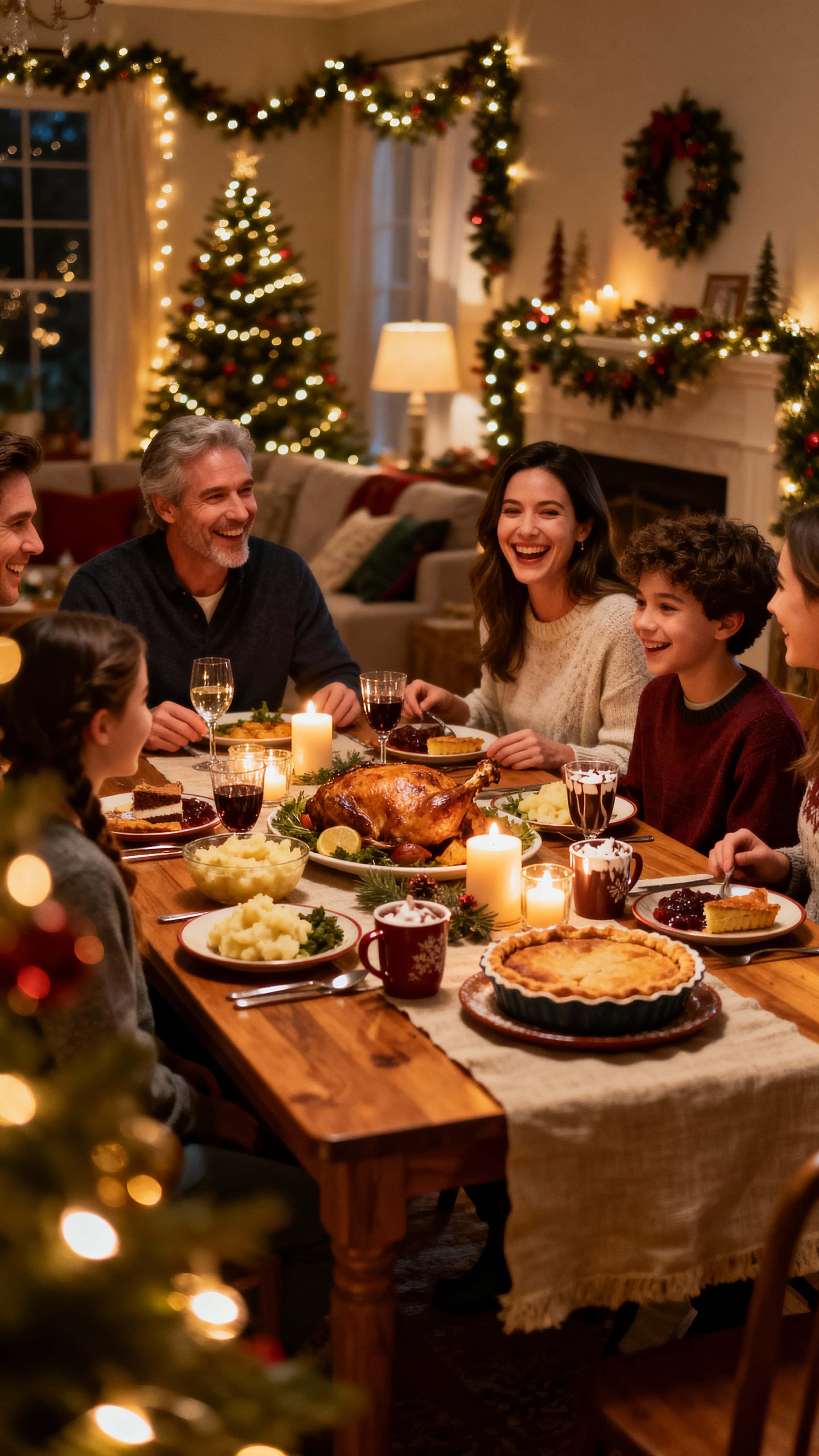 Vertical 9:16 view of a happy family around a warmly lit Christmas dinner table, centered wooden table with golden lights, red ornaments, deep-green tree, cinnamon roast and creamy desserts, soft-amber candle glow conveying intimate holiday