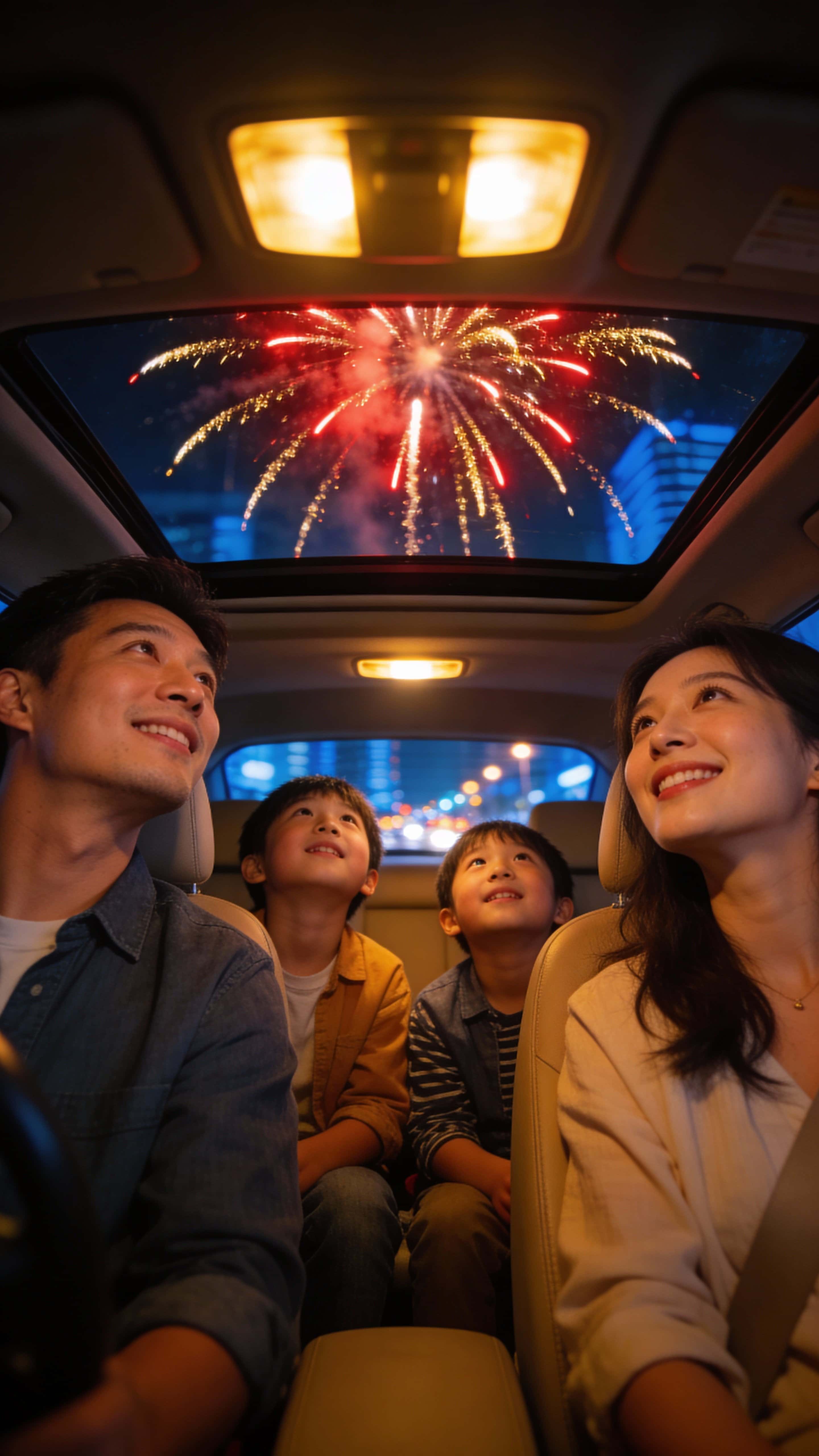 Vertical 9:16 portrait of a family inside a car at night, children watch fireworks through the sunroof as warm interior light contrasts cool blue city tones softly on their faces.