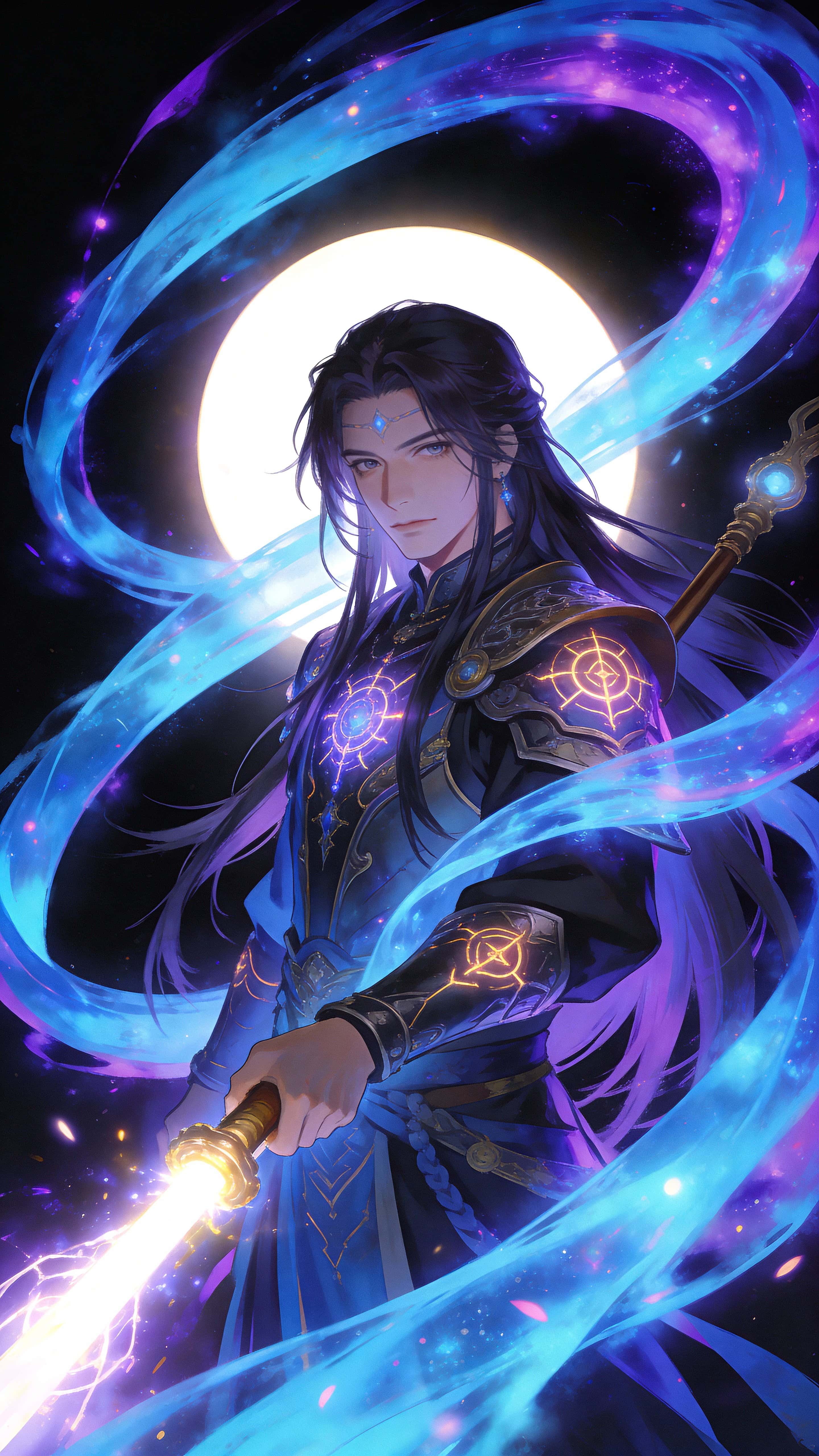Vertical 9:16 anime portrait of a sorcerer framed from chest up, wrapped in swirling blue and violet energy ribbons with glowing magical light and dramatic rim on a dark background.