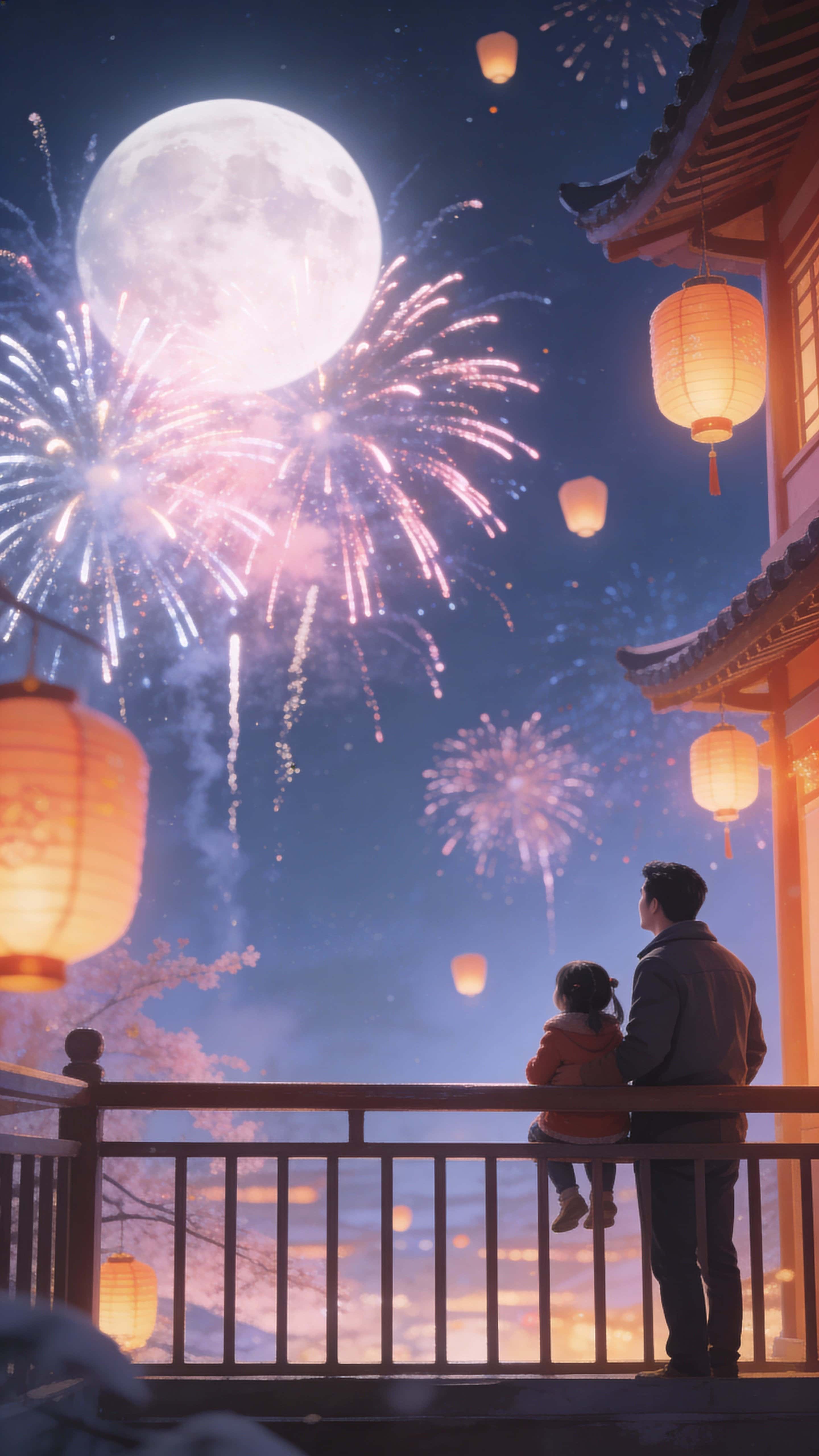 A father and child stand on a narrow 9:16 balcony at night, watching pastel fireworks and floating lanterns beneath a glowing moon, bathed in warm cinematic light.
