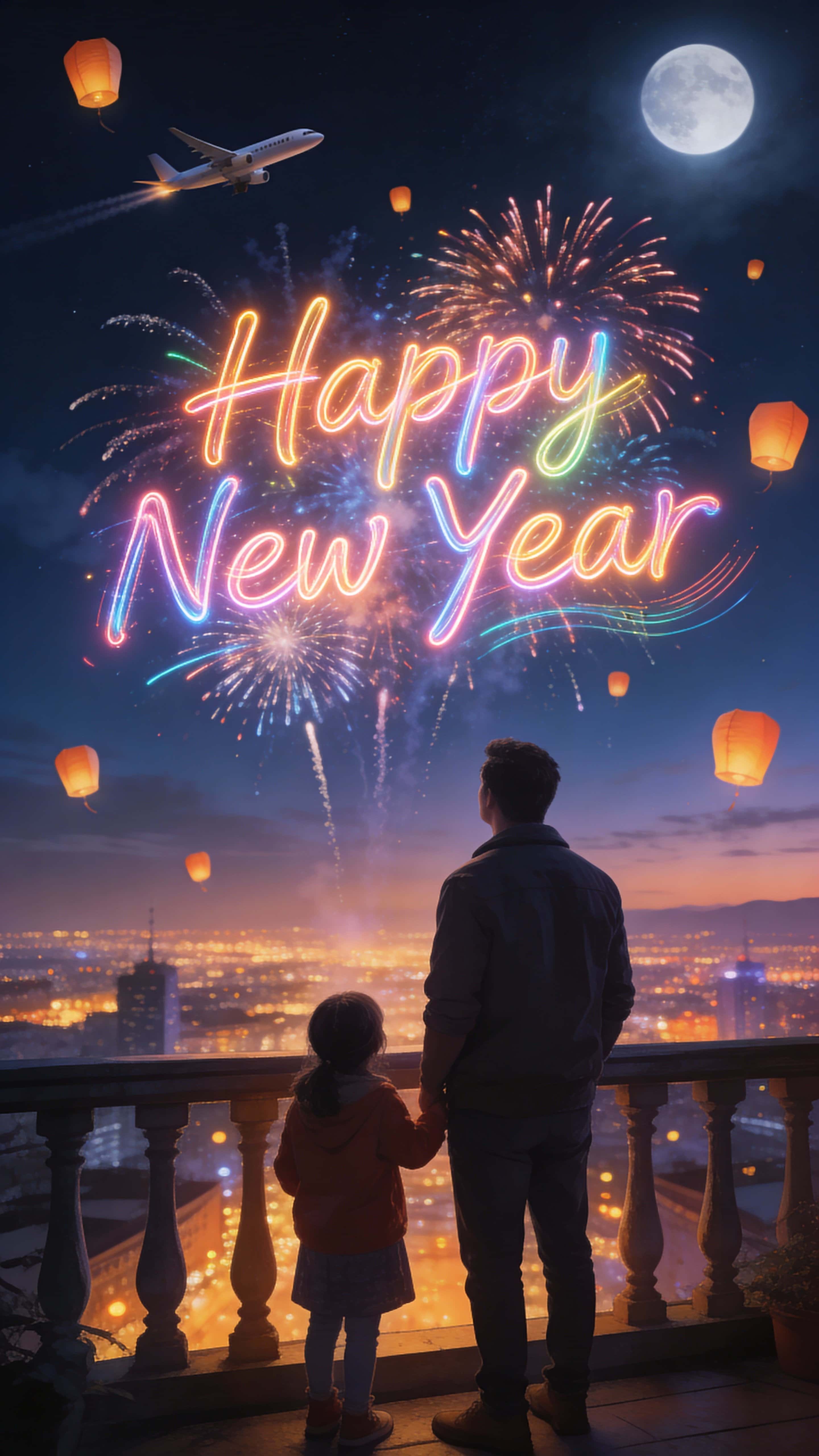 A father and child stand on a terrace overlooking a city as neon handwritten “Happy New Year” light strokes float in the sky amid vibrant fireworks, flying lanterns, and an airplane heading toward a glowing moon.