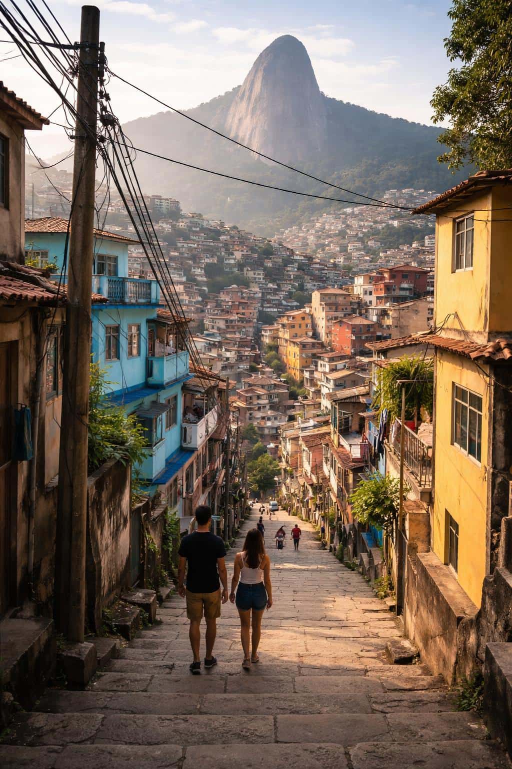 Vibrant favela street scene photographed in a documentary style with stacked colorful houses, cables and a distant granite peak, framed for a 2:3 poster-cover.