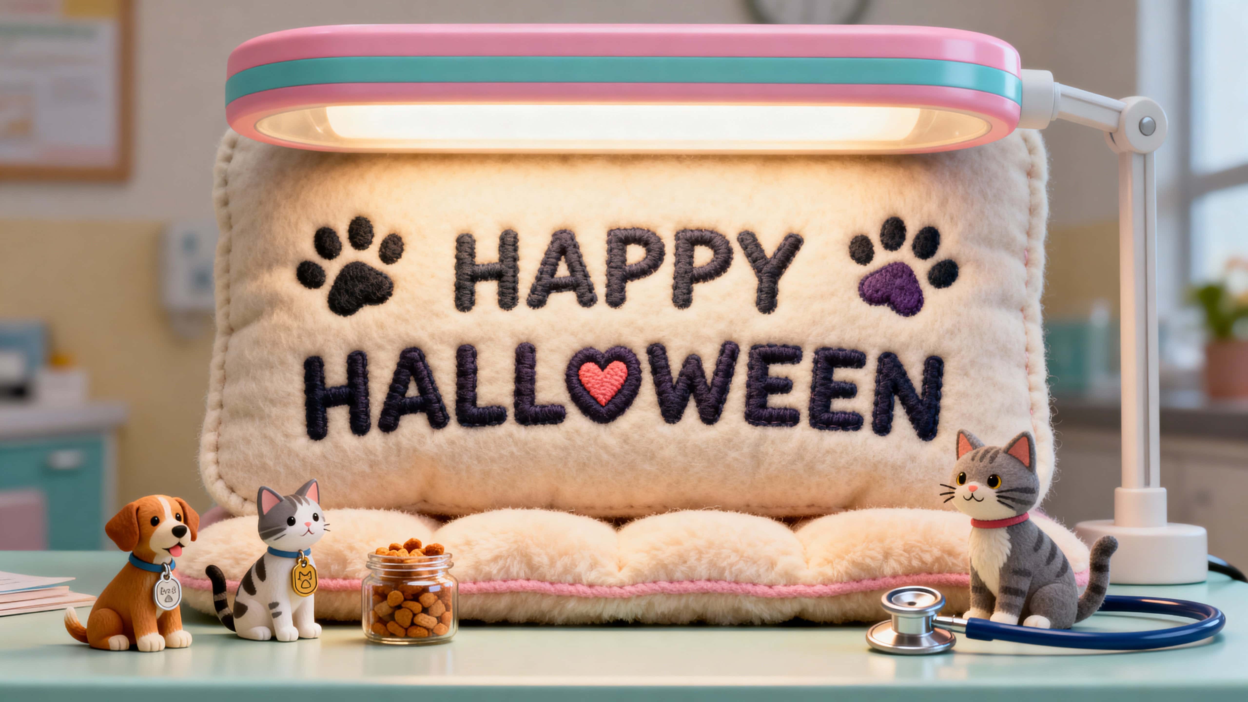 Photo-quality 3D render of “HAPPY HALLOWEEN” stitched from soft felt with embroidered paw prints and hearts, plush padding and toy dog/cat minis on a smooth tabletop with a gentle pastel palette, framed for 16:9 card-ready crop.