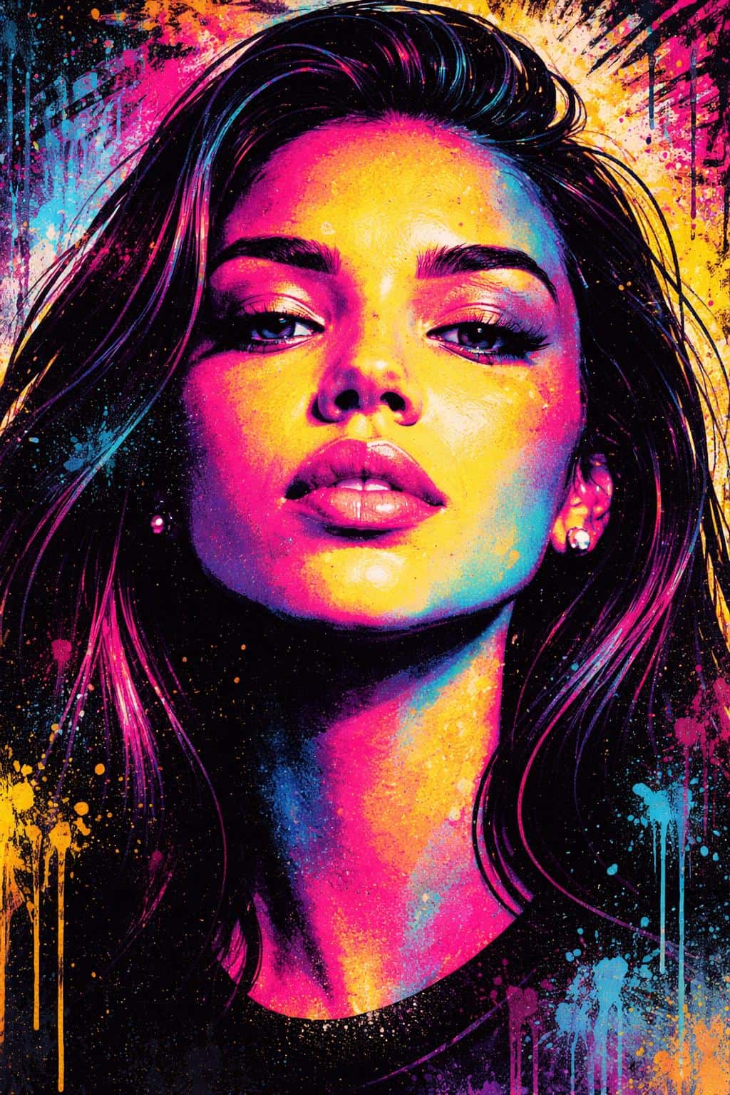 Close-up female-icon portrait in vivid neon graffiti style, replicated as a 2:3 poster-ready digital painting with layered spray-paint textures and bold contrast.