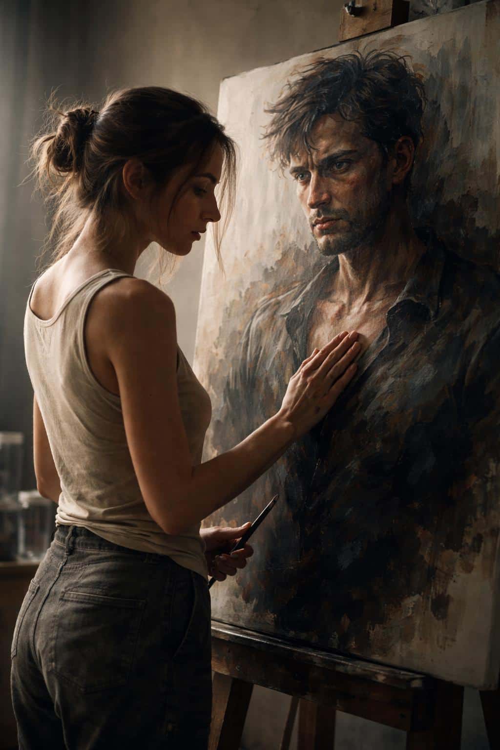 Photorealistic cinematic photo of a real female painter in a dimly lit studio, gently touching a hyper-realistic painted male portrait on a large canvas, intimate mood.