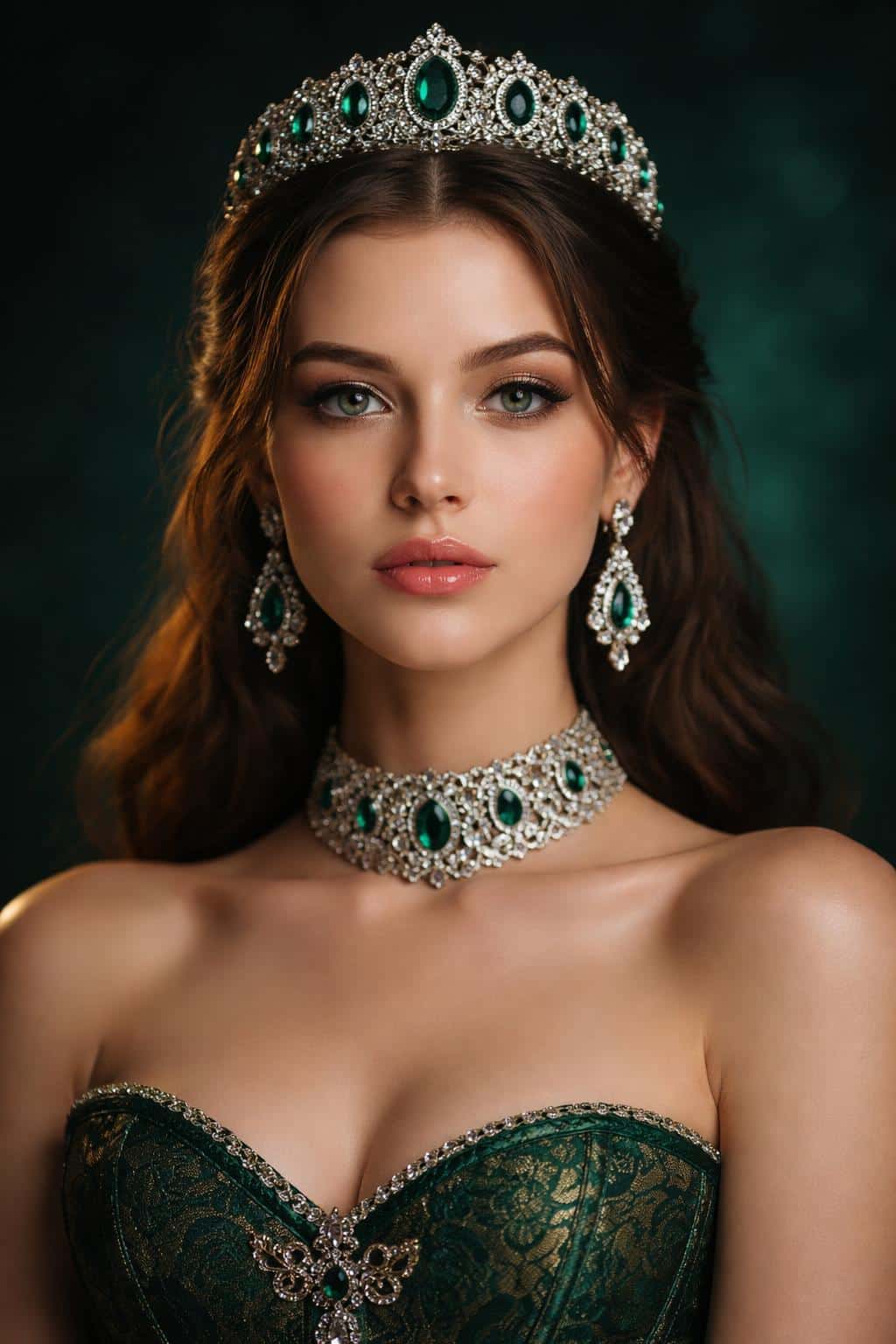 Close vertical portrait of a woman in emerald tiara and jewelry, photorealistic portrait-photography suitable for a poster-cover with dramatic mood and soft bokeh.