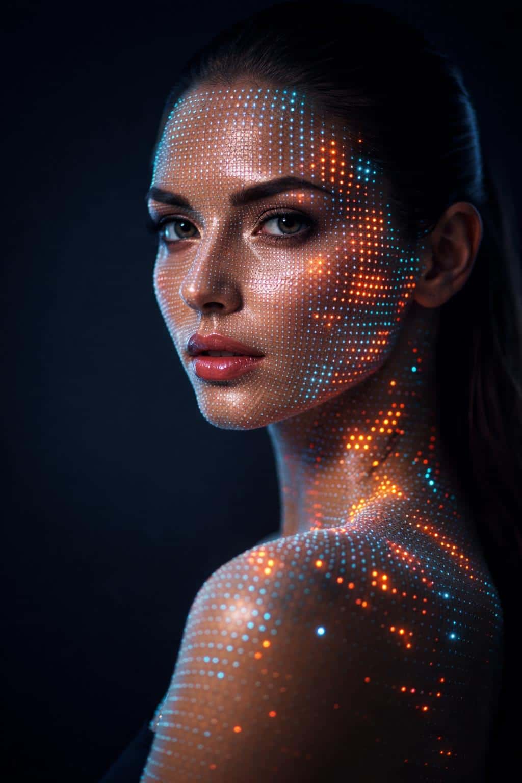 Close-up portrait photograph of a woman with LED-like pixel mapping across face and neck, shot for a dramatic poster or wallpaper with exacting composition fidelity.