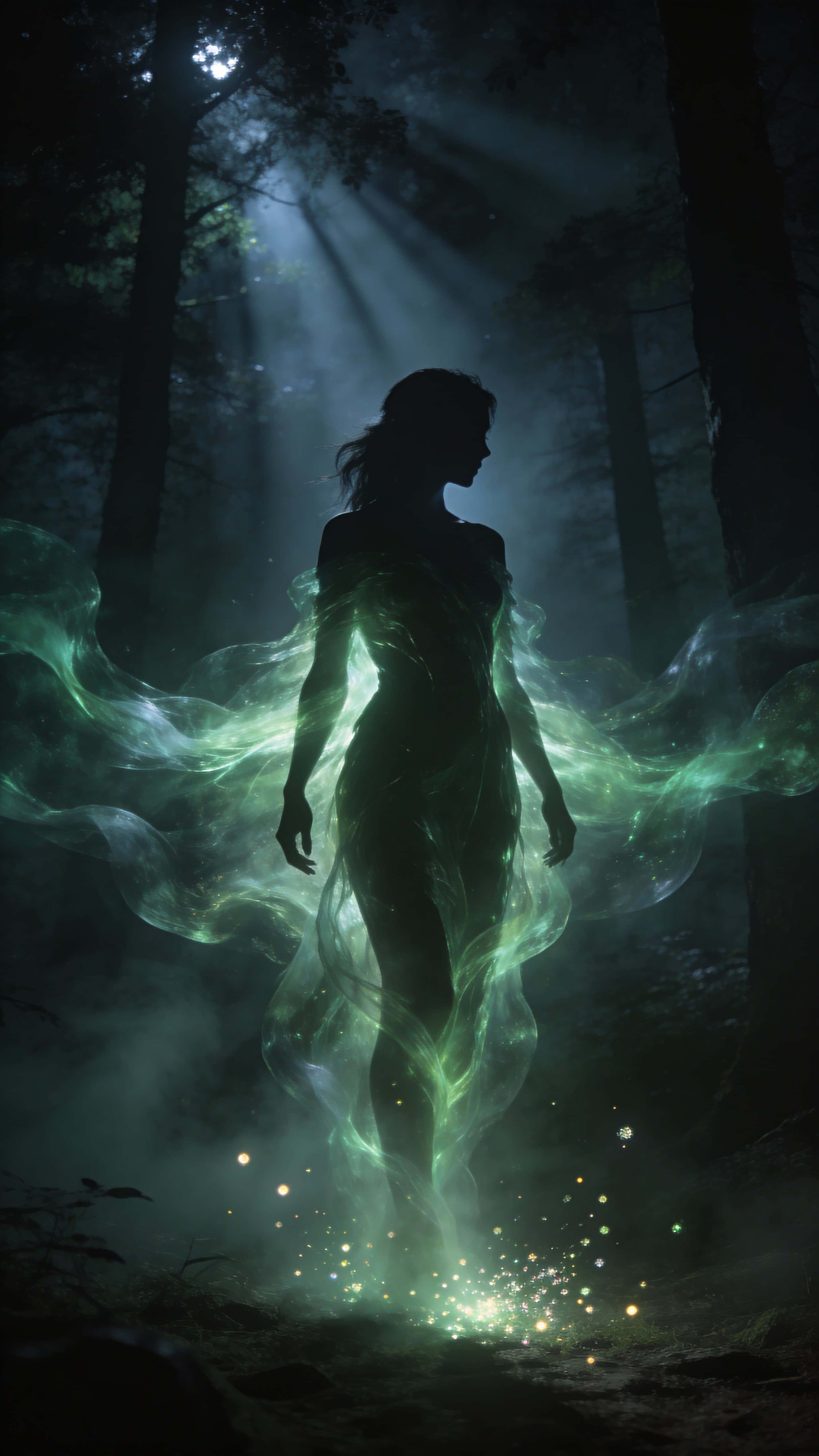 A cinematic fantasy of a female silhouette standing in a shadowy night forest, her body wrapped in translucent green mist and an expanding spirit aura with glowing particles.