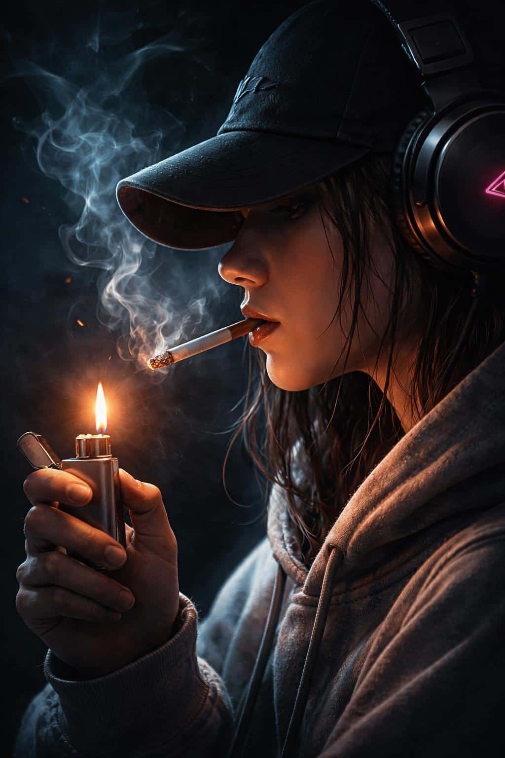 Neo-noir close-up of a woman in strict profile lighting a cigarette with a lighter, wearing a cap, headphones, and a hoodie, surrounded by teal smoke and pink ember particles.