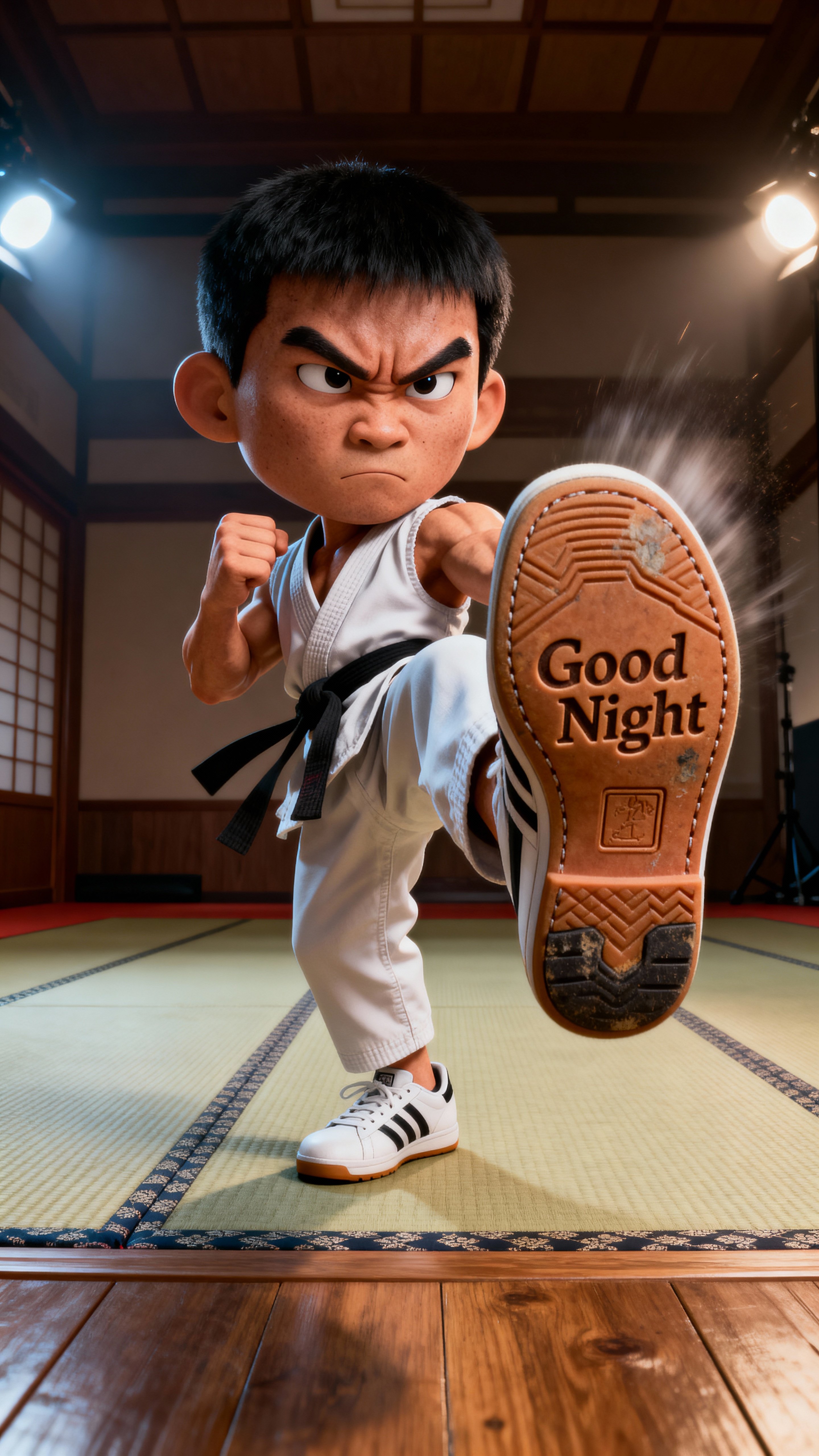 Hyper-realistic 3D render of a famous Asian martial arts fighter with an oversized expressive head and short muscular body, captured mid-roundhouse kick in a dojo. He has a ferocious, focused expression; one leg is raised straight at head‑k