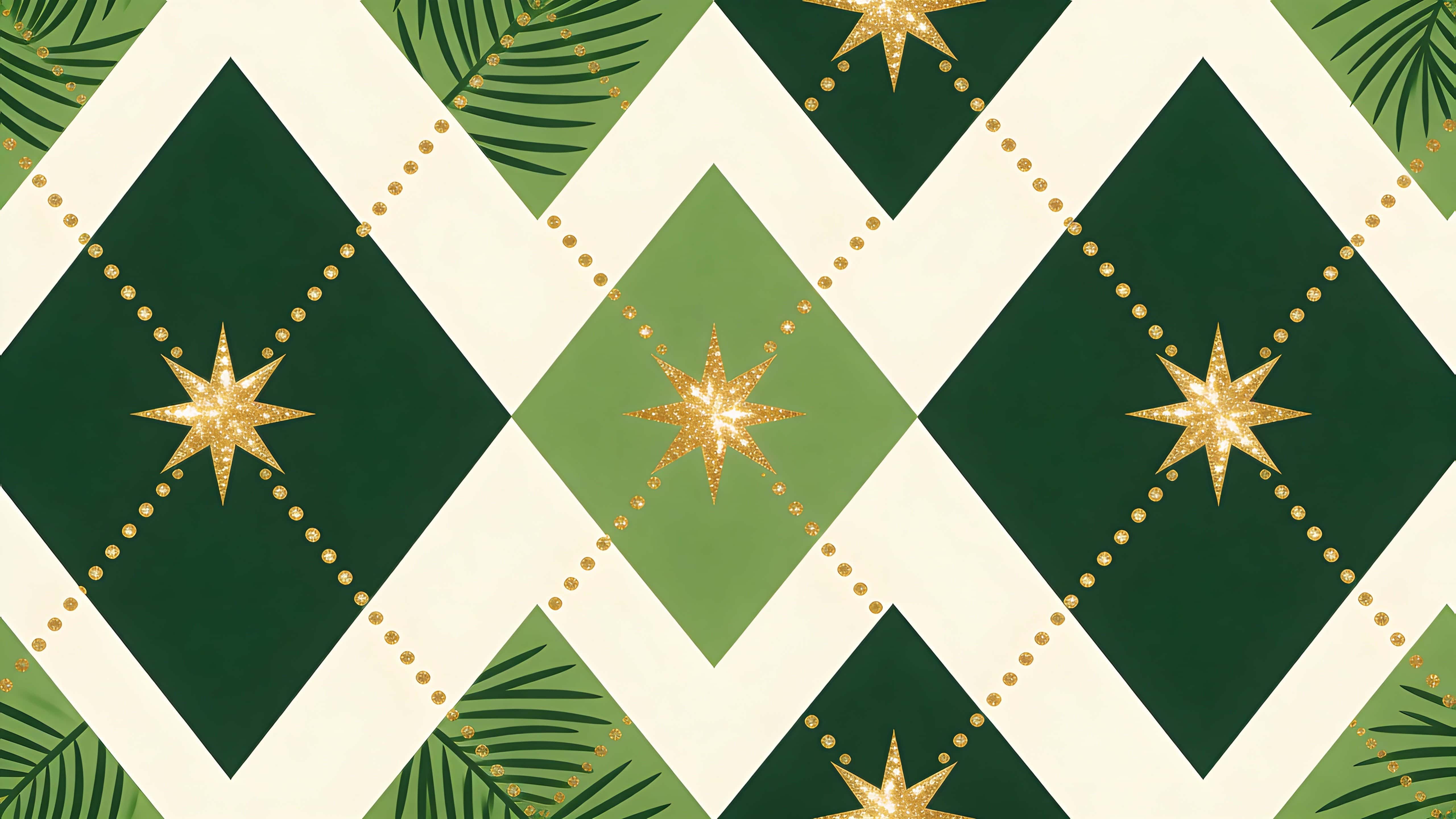 A seamless festive argyle pattern of rich evergreen and pine-green diamonds crossed by thin gold dotted diagonal lines with bright gold star accents at intersections, flat vector 16:9 tile.