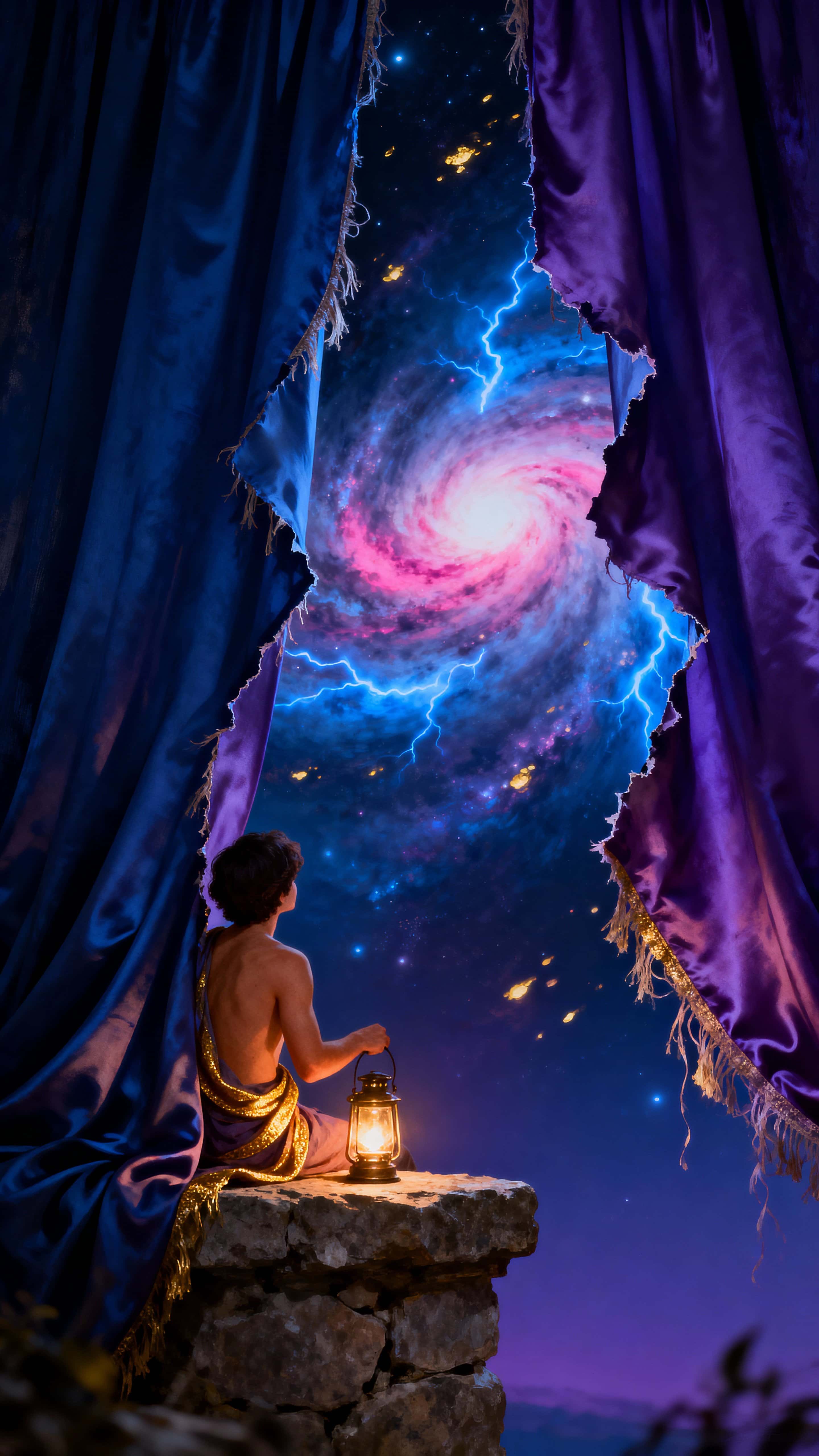 A lone figure stands at the edge of a torn cosmic curtain that bends downward to reveal swirling galaxies beyond, lit by cool indigo and warm gold accents to evoke wonder and vertigo.