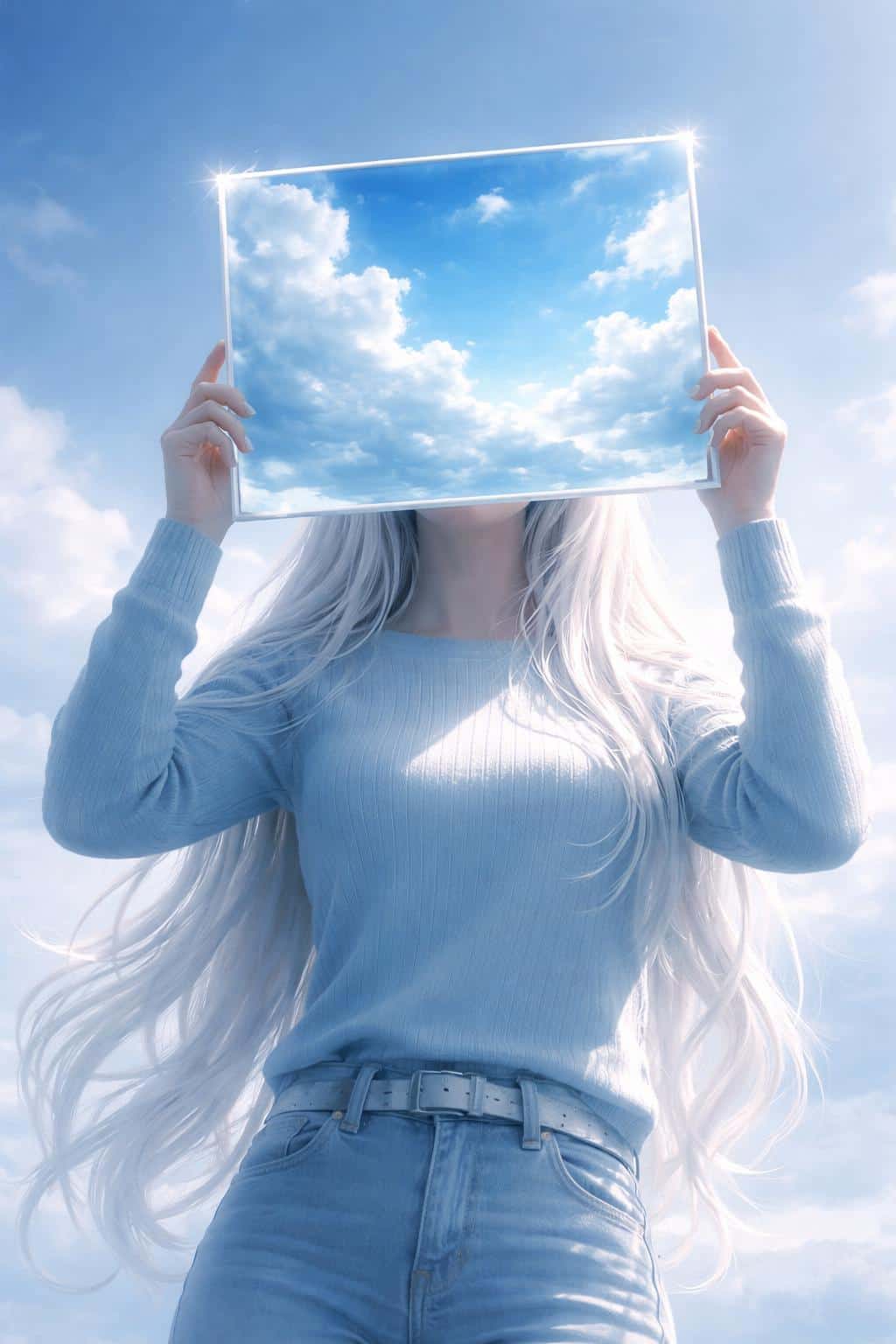 Ethereal figure holds a transparent glass frame filled with clouds and sky, obscuring their head in this surreal 3D render exploring freedom and contemplation.