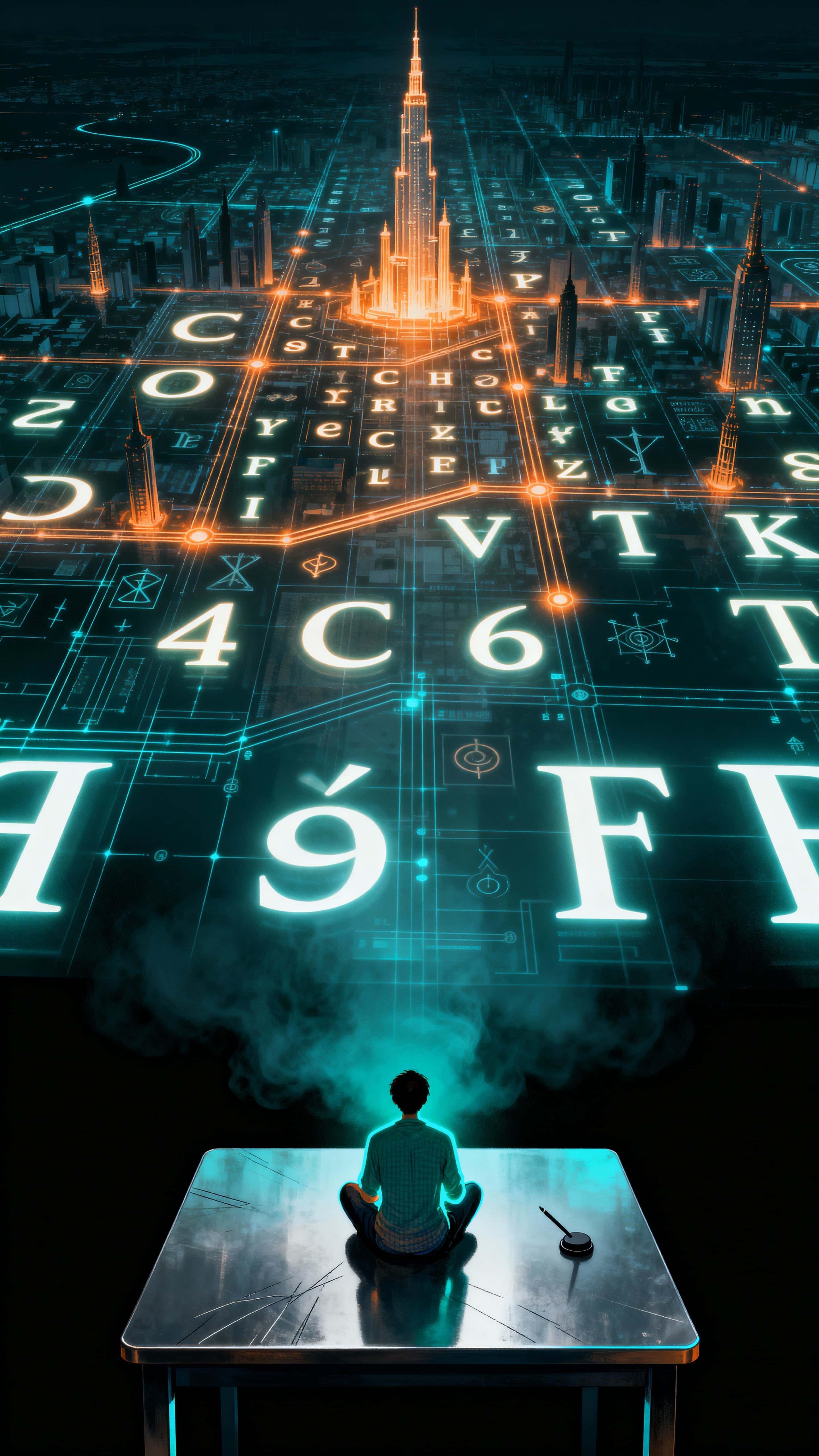 A lone figure sits at a table in a dark, empty black room as a towering holographic blueprint of a glowing letter-city rises, casting glyphic light across the scene.