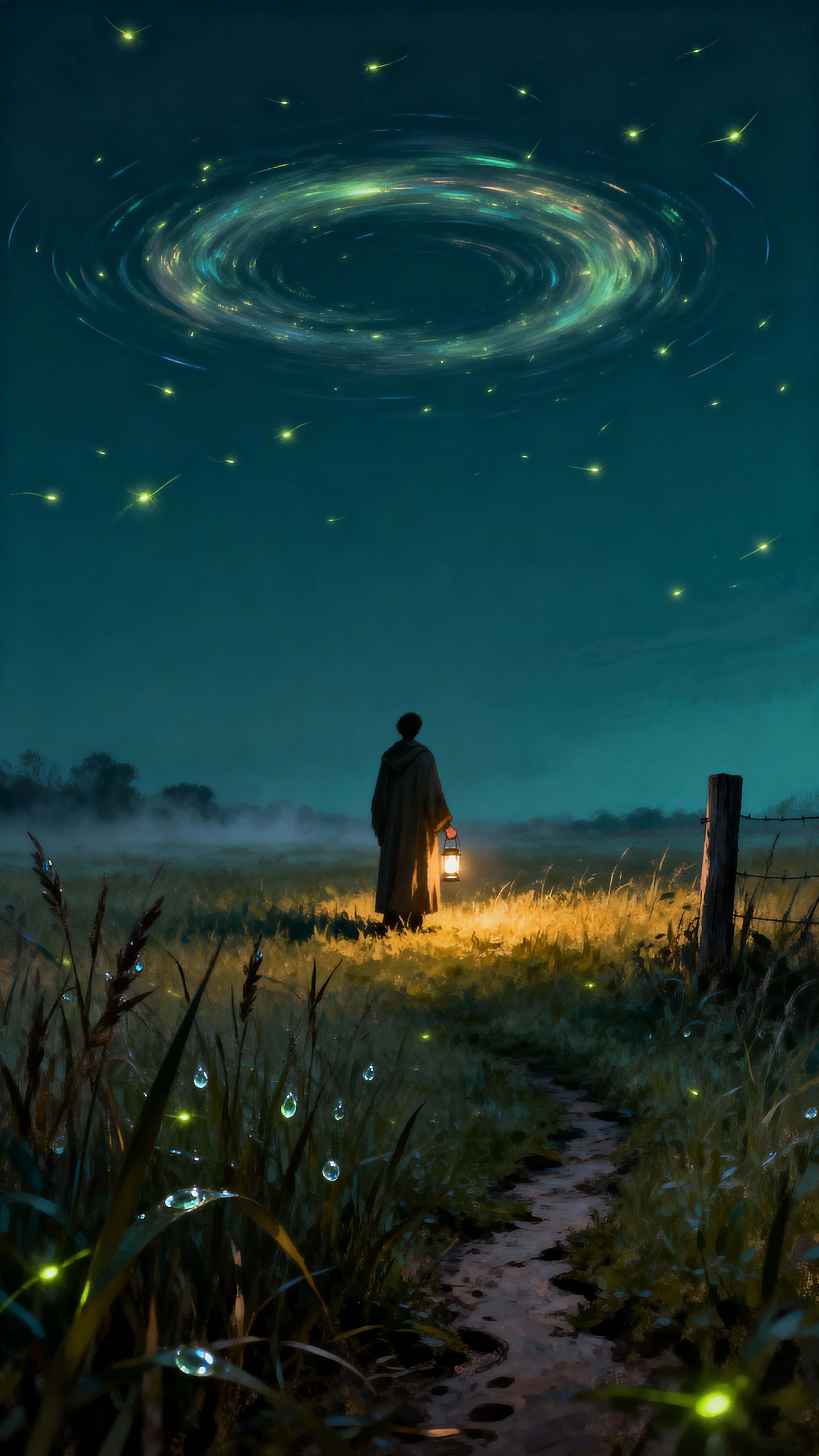 A warp-like halo of refracted light spins above a field while a shadowed figure stands amid thousands of glowing fireflies, creating a hushed, otherworldly tableau.