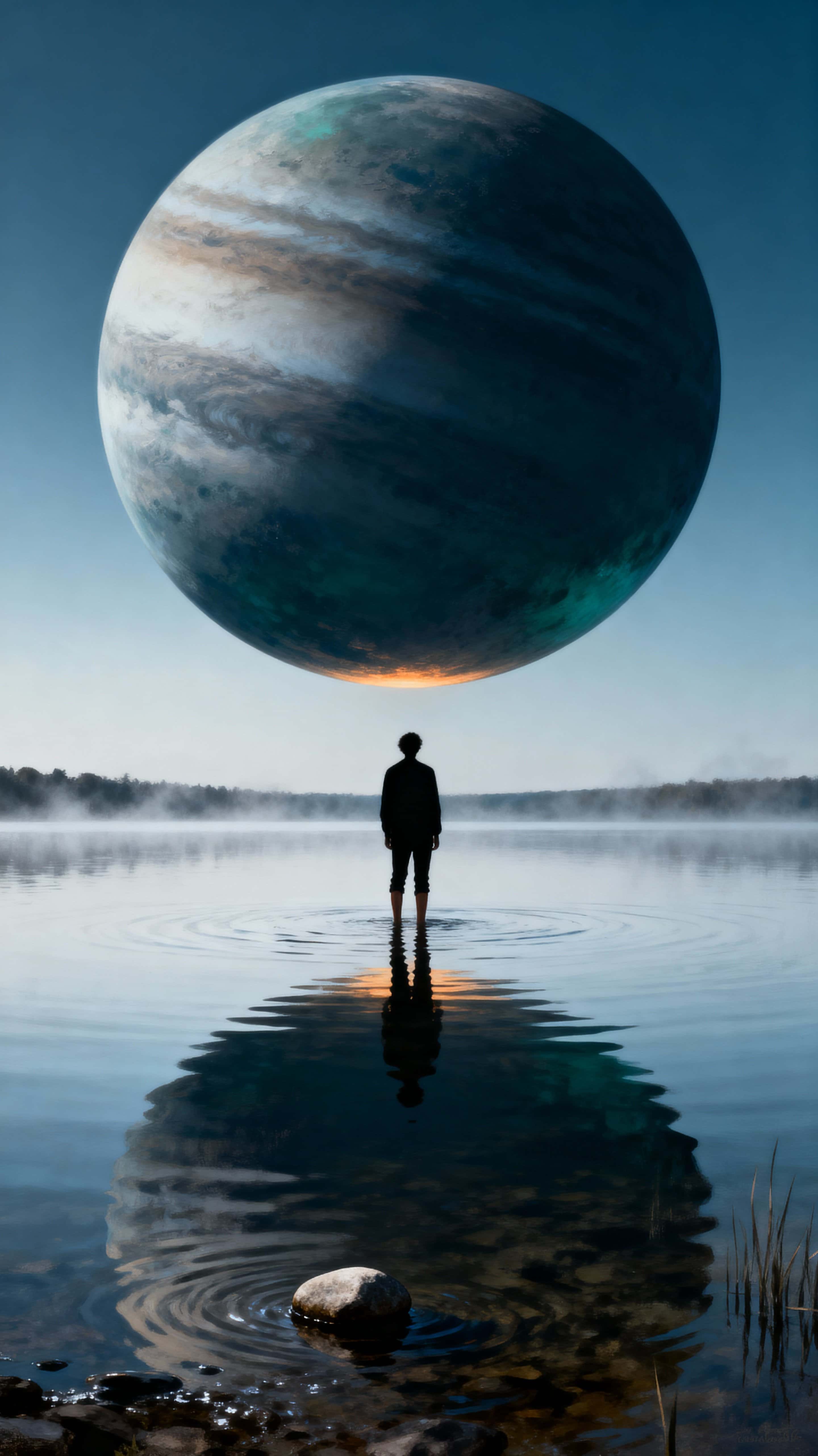 A lone figure stands ankle-deep in a glassy shallow lake that mirrors a colossal suspended planet overhead, framed vertically for a towering 9:16 composition to heighten wonder and scale.