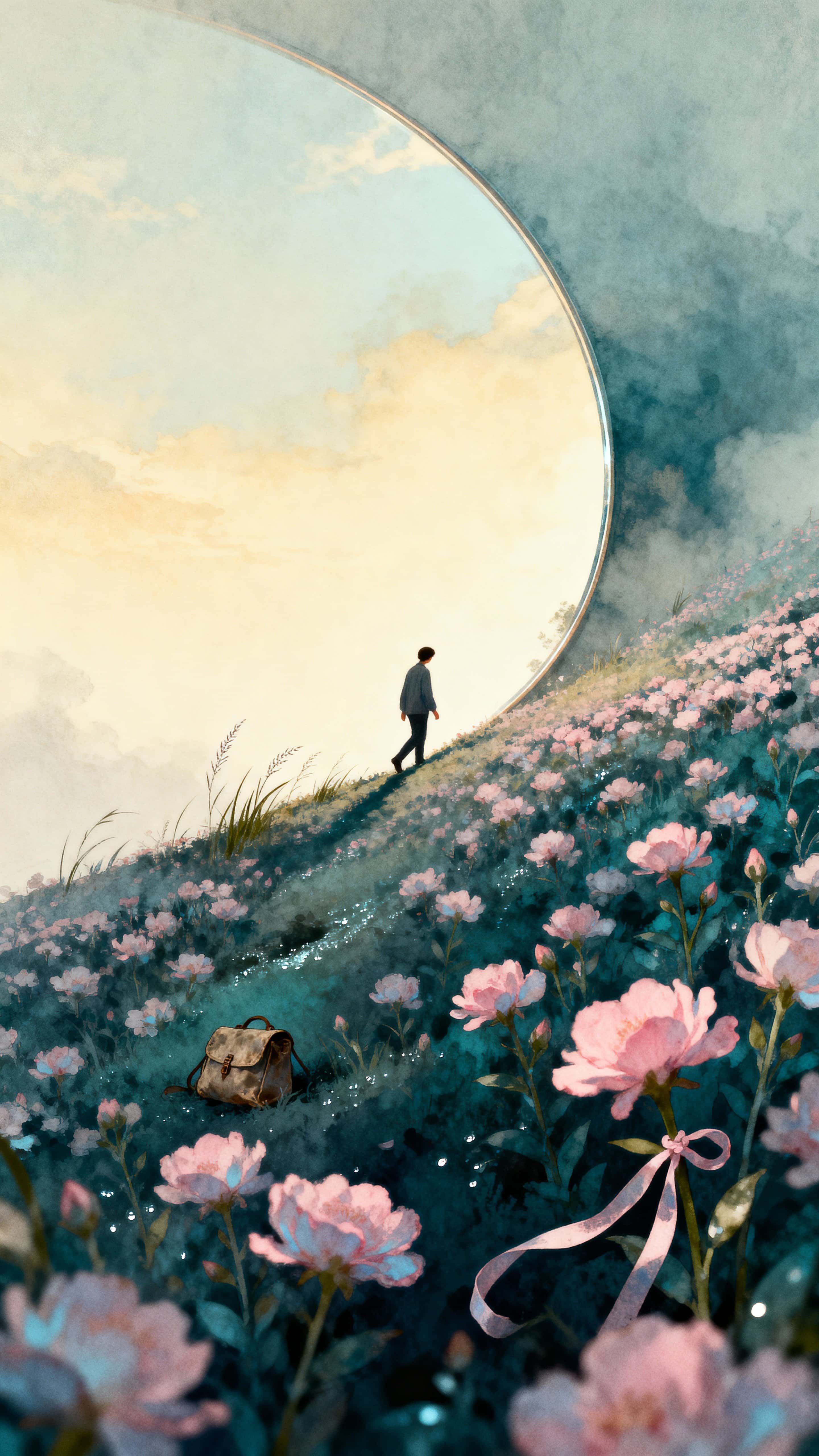 A lone figure walks across a tilted slope of blossoms beneath a horizon that curves upward like a polished mirror, suggesting weightless movement and hushed wonder.