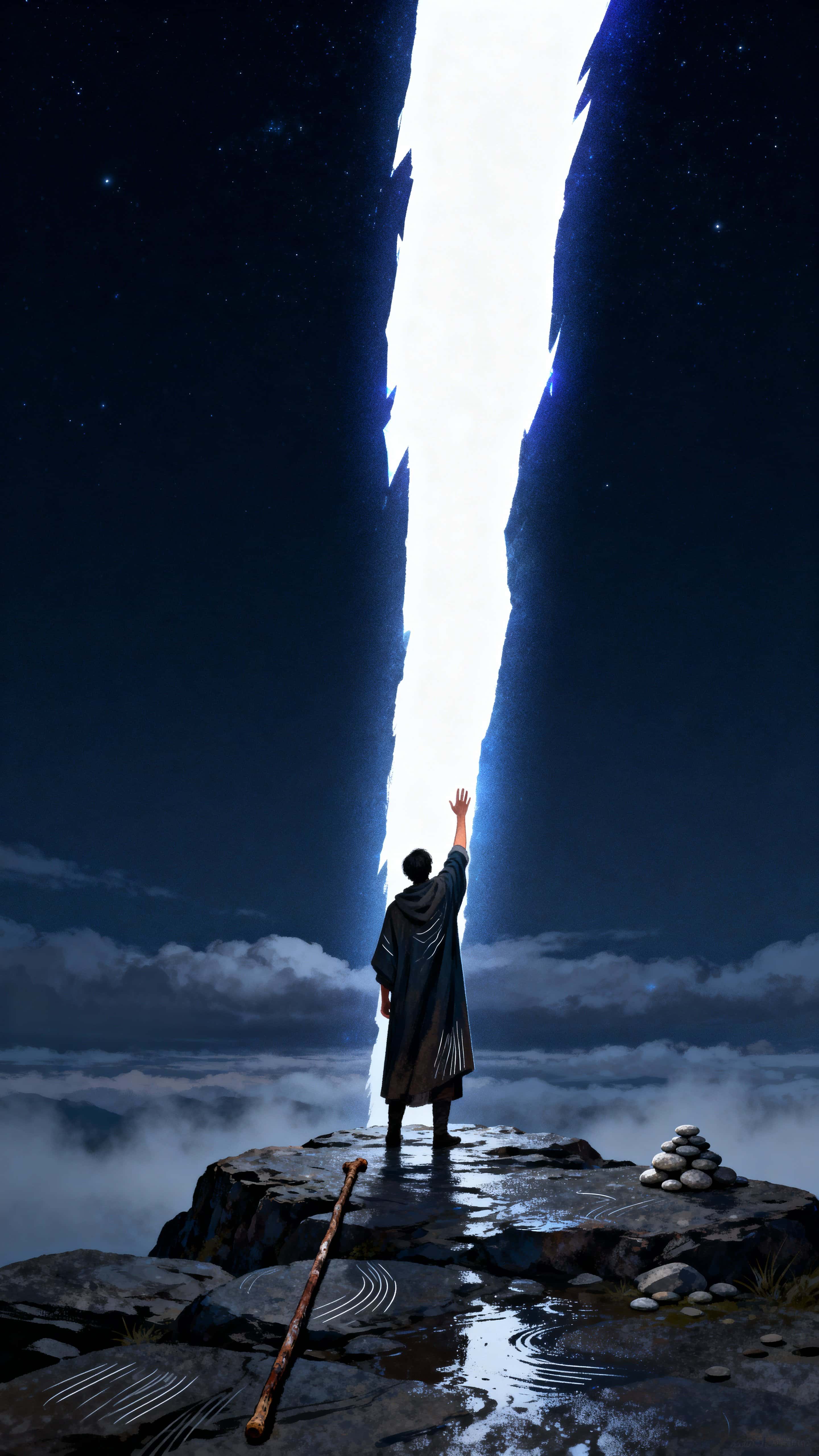 A lone figure reaches a hand toward a pure white rift that splits the night sky, framed in a tall 9:16 crop to emphasize vertical tension and distant mystery.