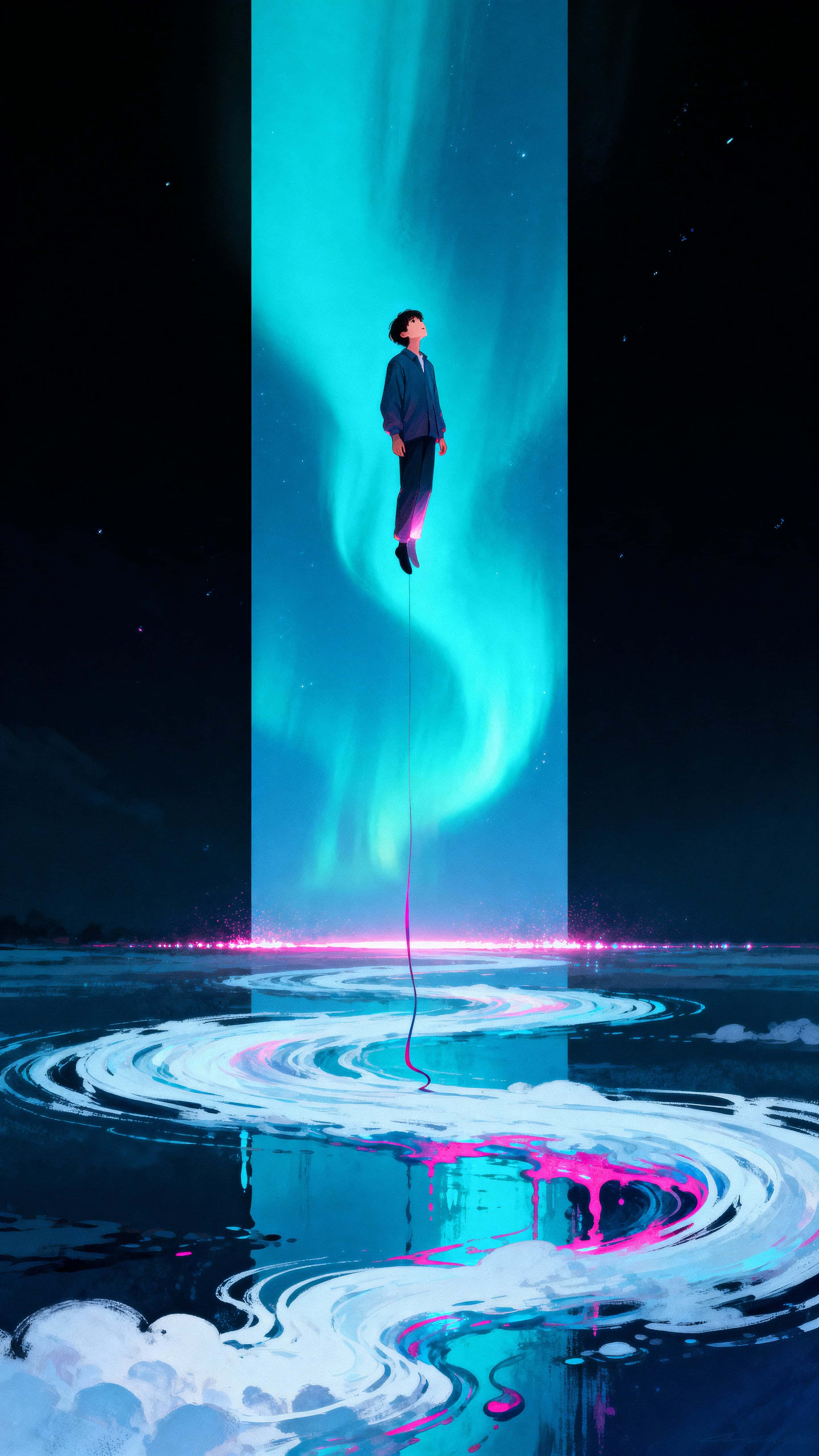 A lone figure is lifted upward above a massive swirling aurora that expands beneath them, with liquid neon colors bleeding and pooling like paint across the sky in a vertical portrait frame.