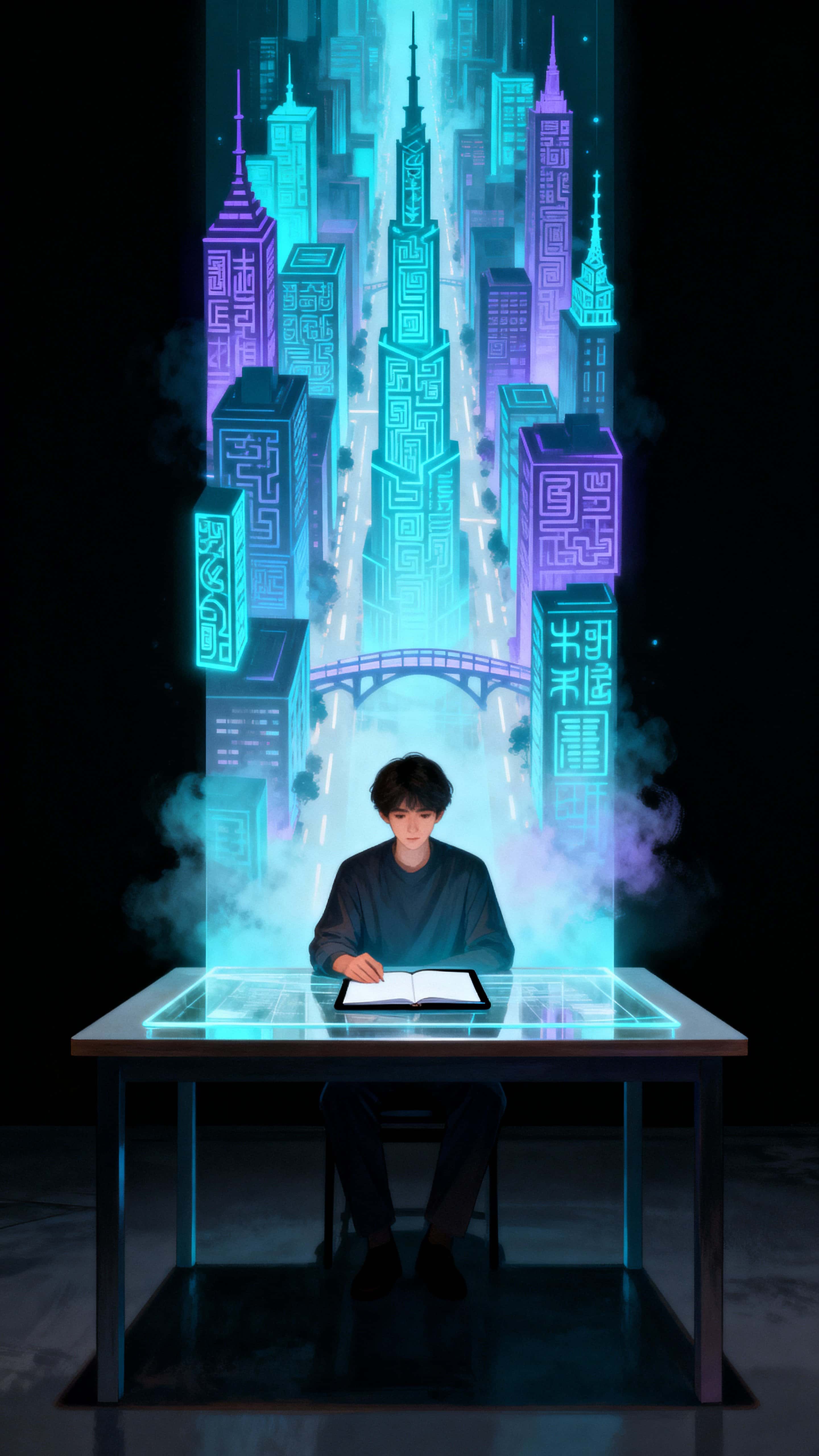 A lone figure sits at a simple table inside an empty black room as a massive holographic blueprint of a city rises from the surface, formed from glowing letters and abstract symbols in a quiet, uncanny tableau.