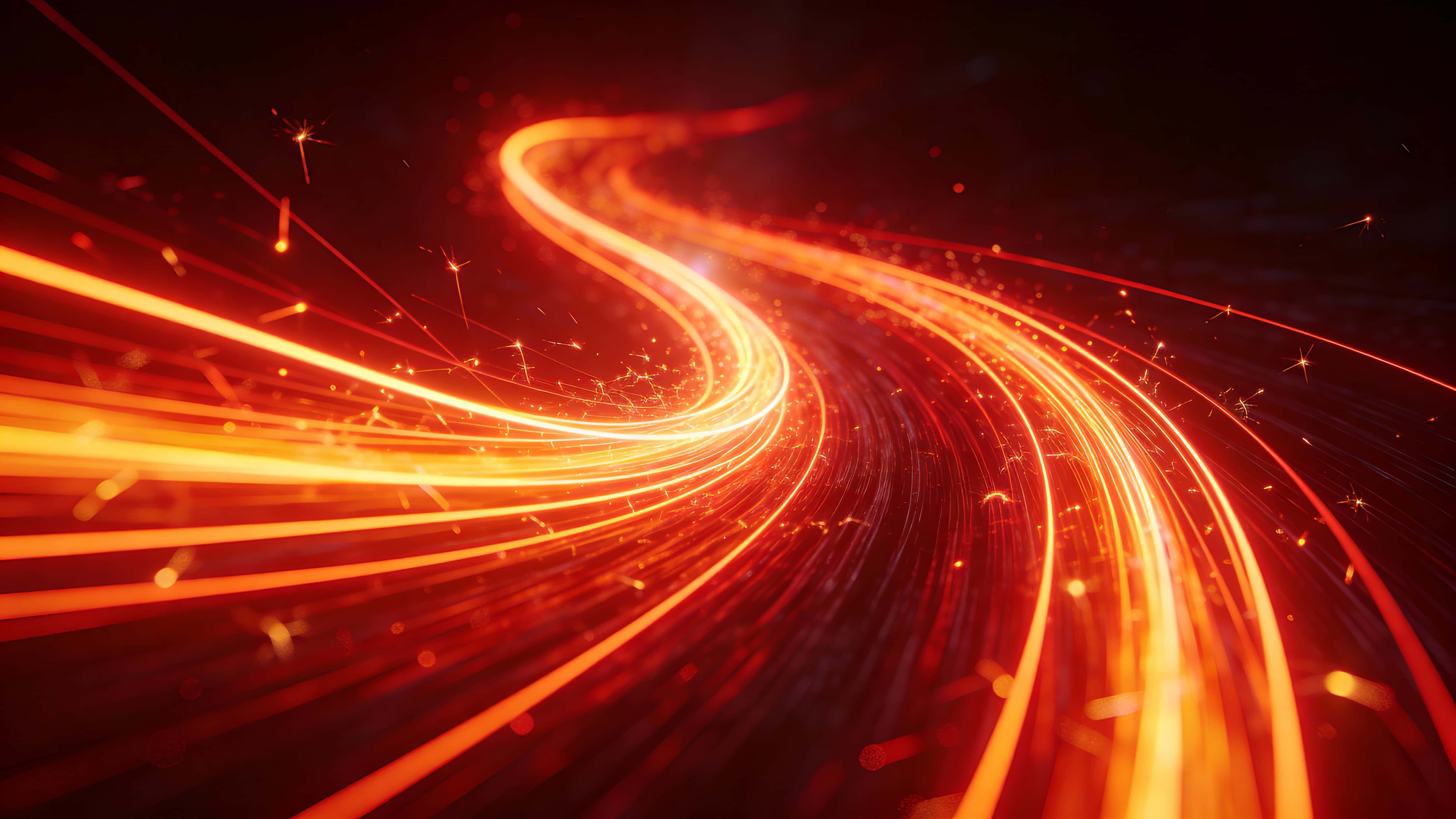 A diagonal cascade of neon red and electric orange filaments sweeps from bottom-left to top-right like heated ribbons, with glowing sparks trailing against a dark uncluttered background.