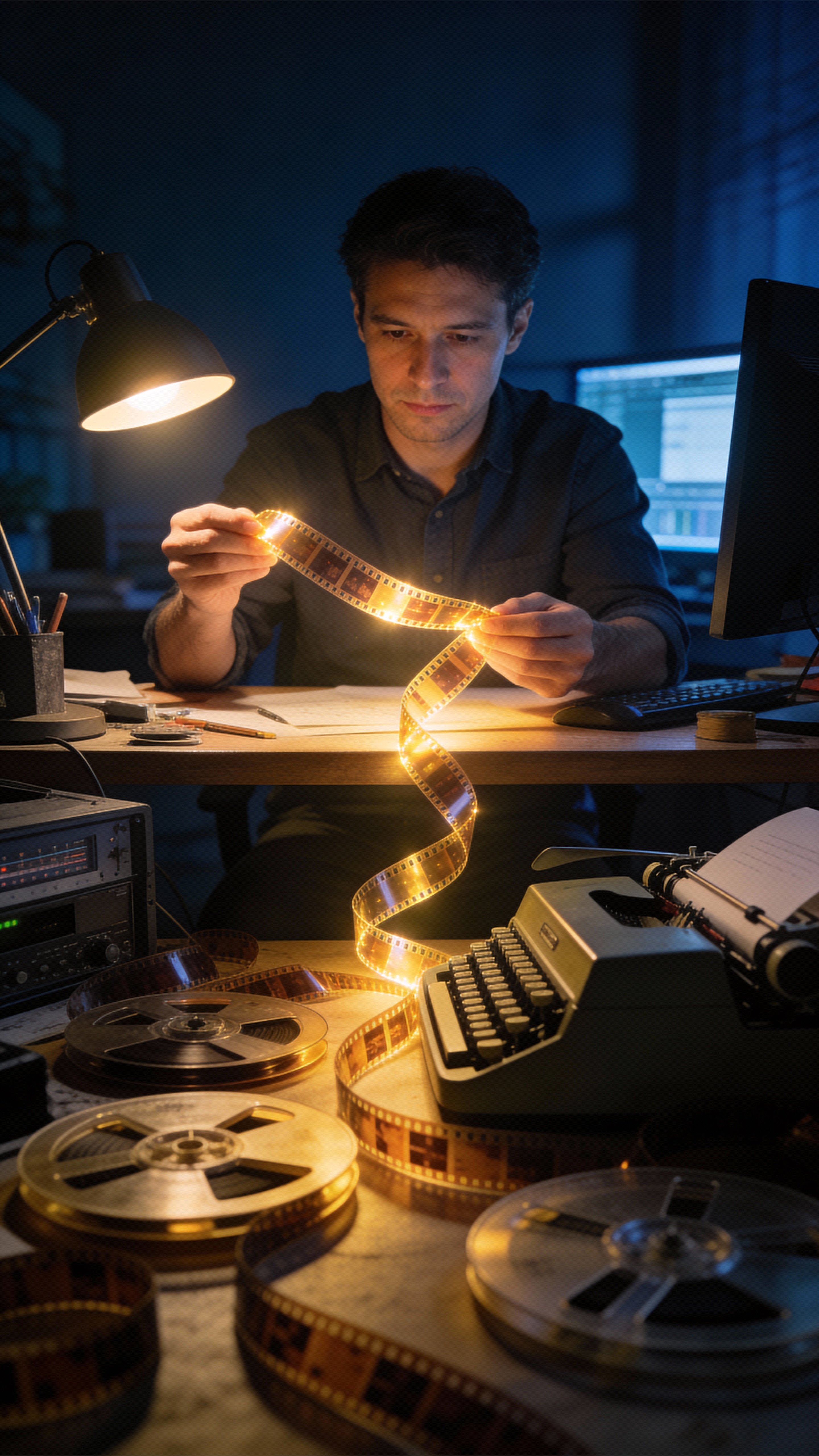 An ultra-realistic cinematic night scene of a film editor working quietly in a compact workspace as a glowing film strip flows from his hands, bathed in soft ambient light with shallow depth of field.