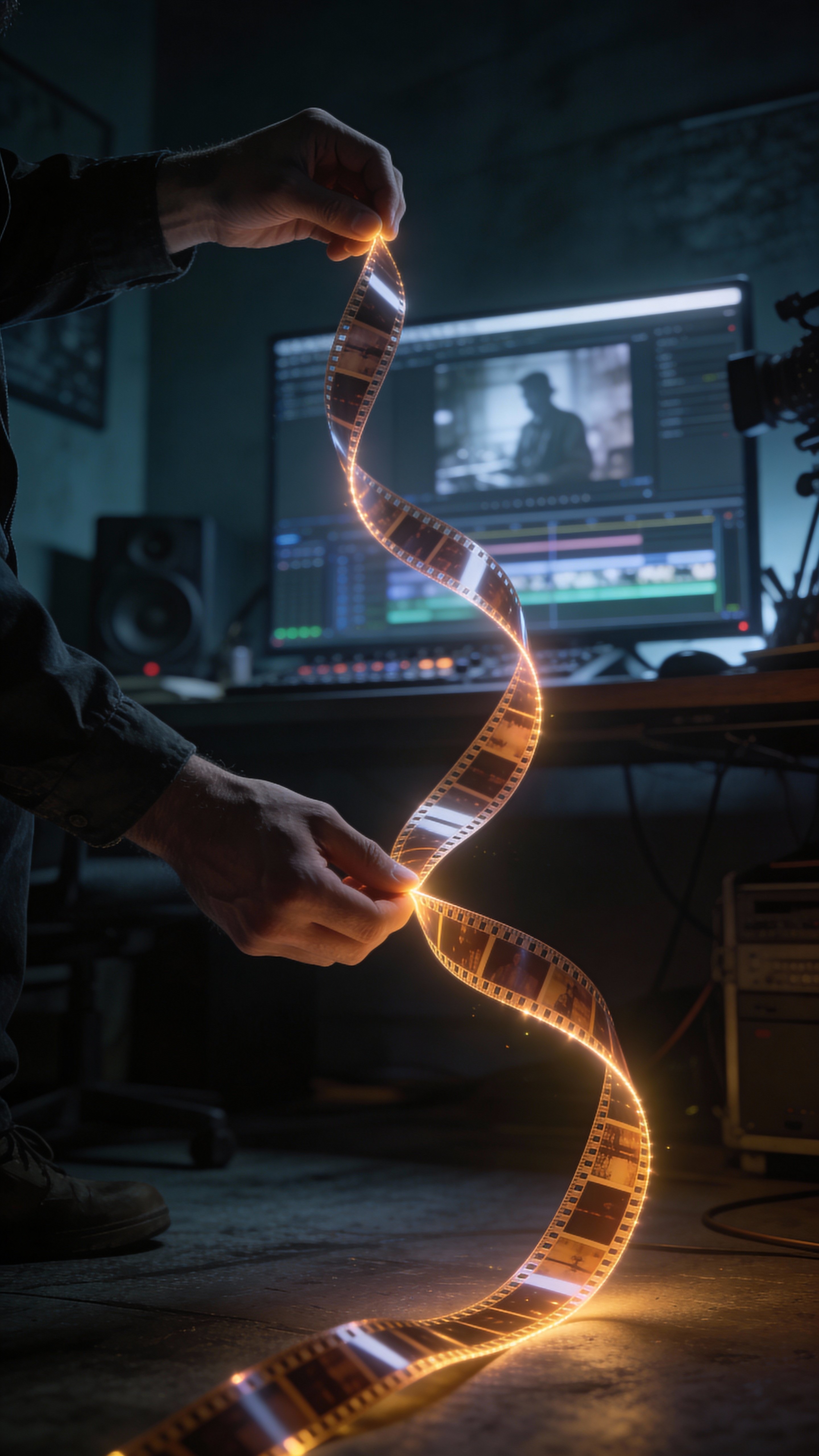 Vertical 9:16 portrait of a filmmaker pulling a glowing film timeline from his hands as a luminous film strip arches across a dim editing room with a workstation in the background.