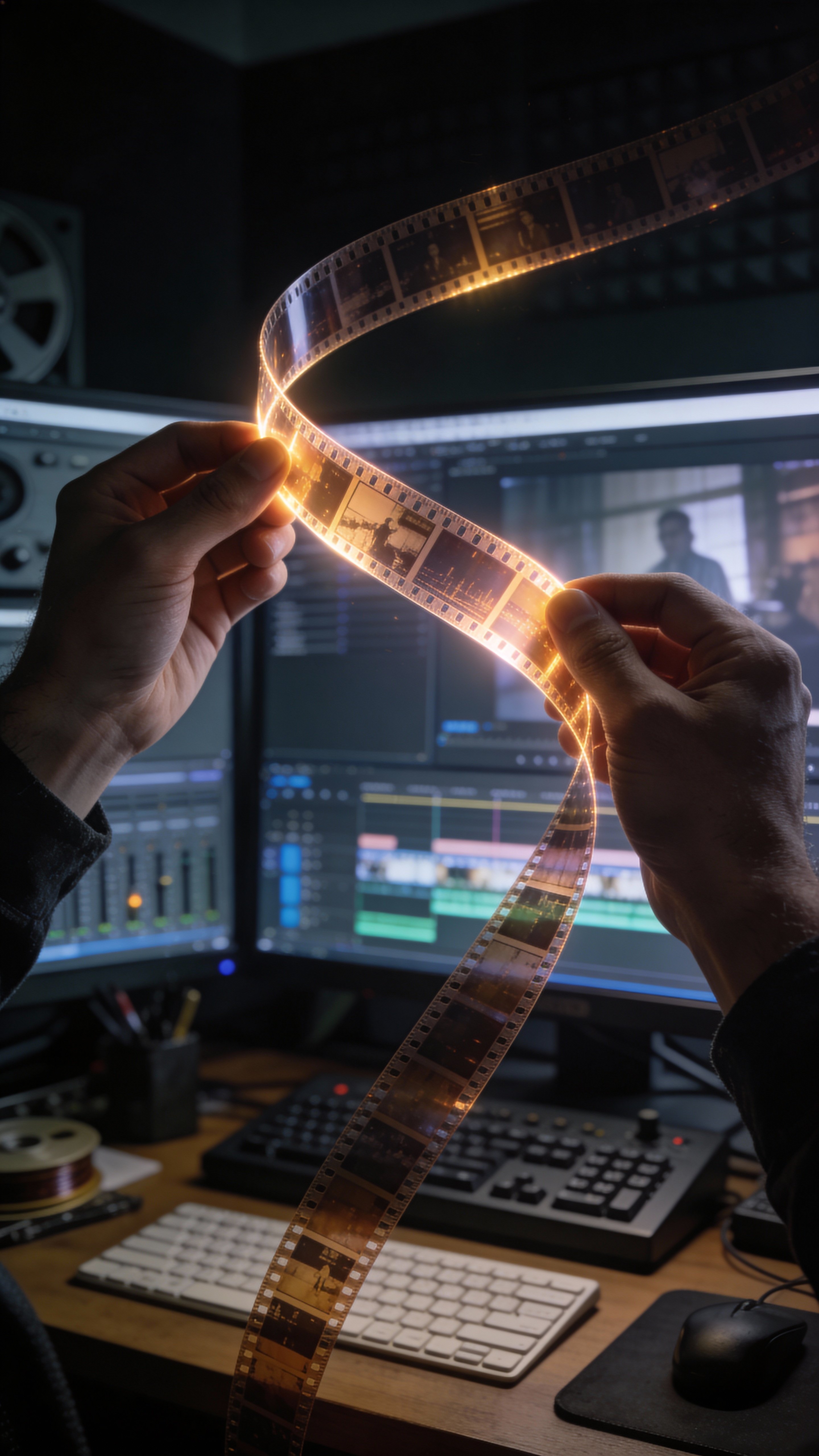 A filmmaker pulls a glowing film timeline from his hands as a bending film strip arcs across a dark room toward a video editing workstation, in magical-realist cinematic detail.