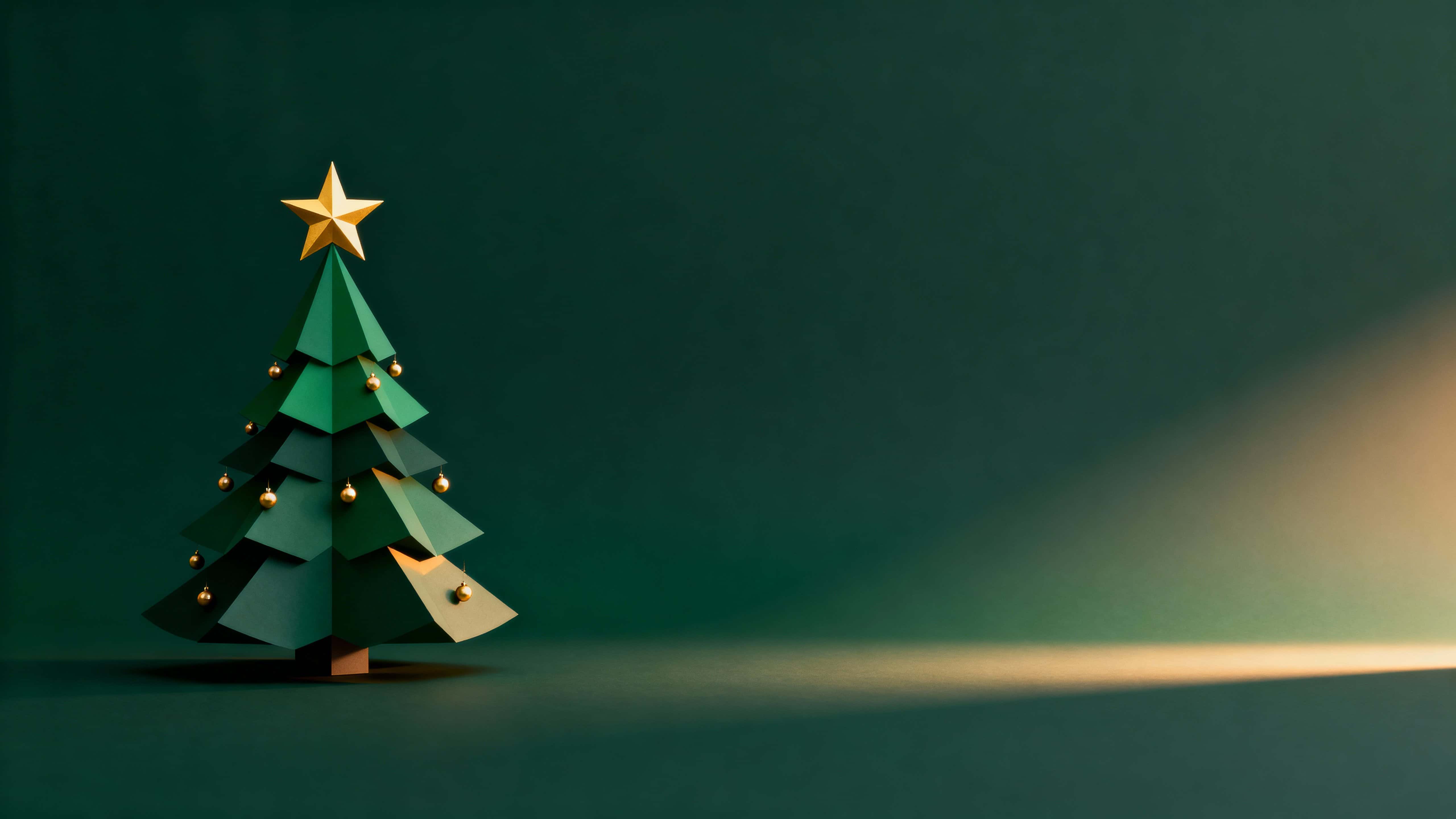 A minimalist 16:9 Christmas background with a stylized fir tree on the left third in deep greens, small golden ornaments and a star, dark green gradient backdrop and warm right-side highlights.