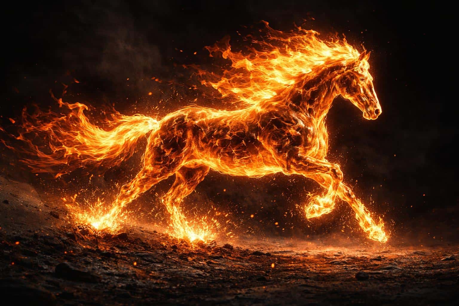A mythical horse composed of living flames gallops across a charred landscape, casting a brilliant orange glow against a smoky dark background wallpaper.