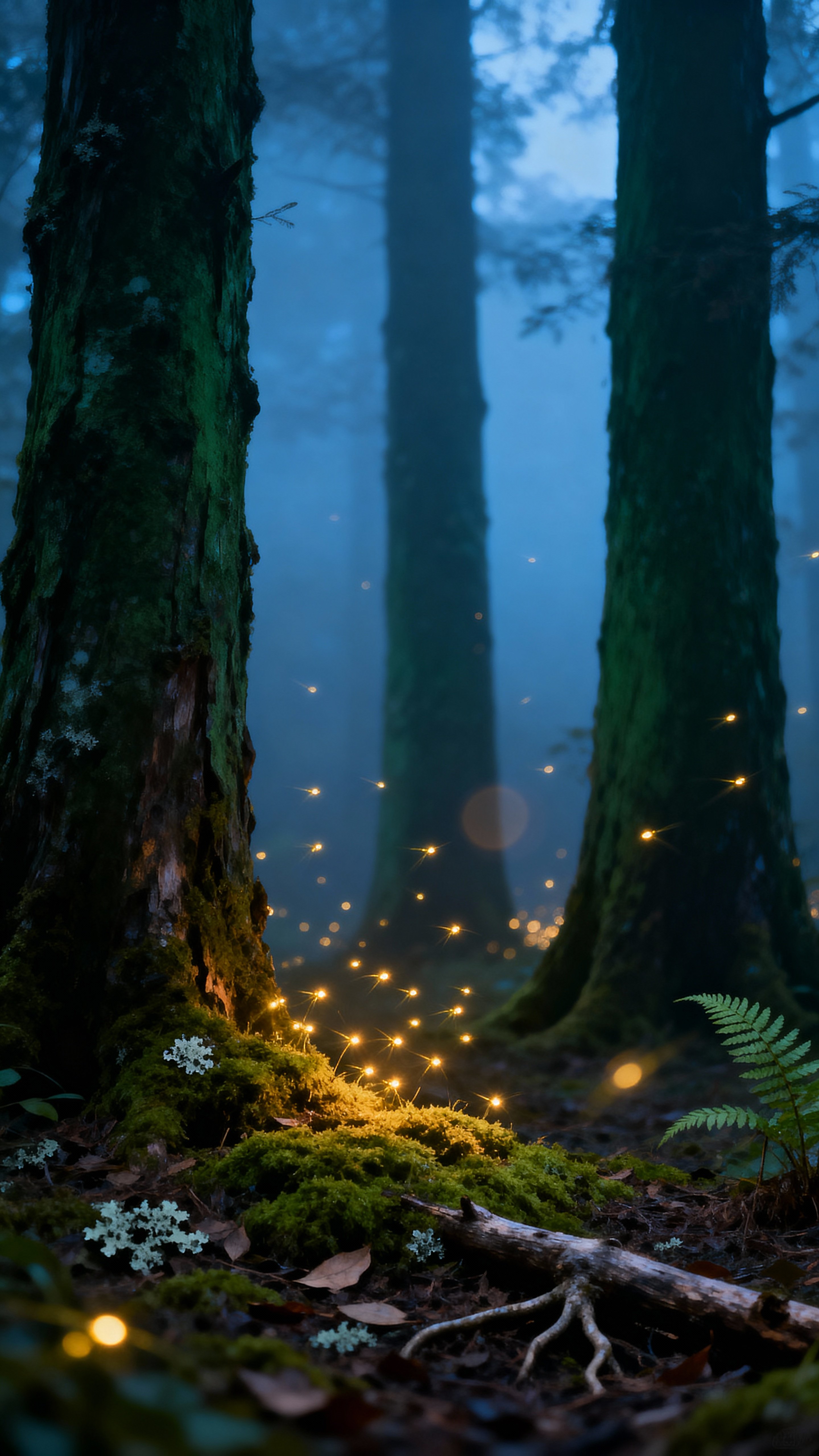 A cinematic photoreal study of fireflies hovering above mossy leaf litter in a misted dusk forest, with warm golden glows against deep green trunks and cool blue-gray haze.