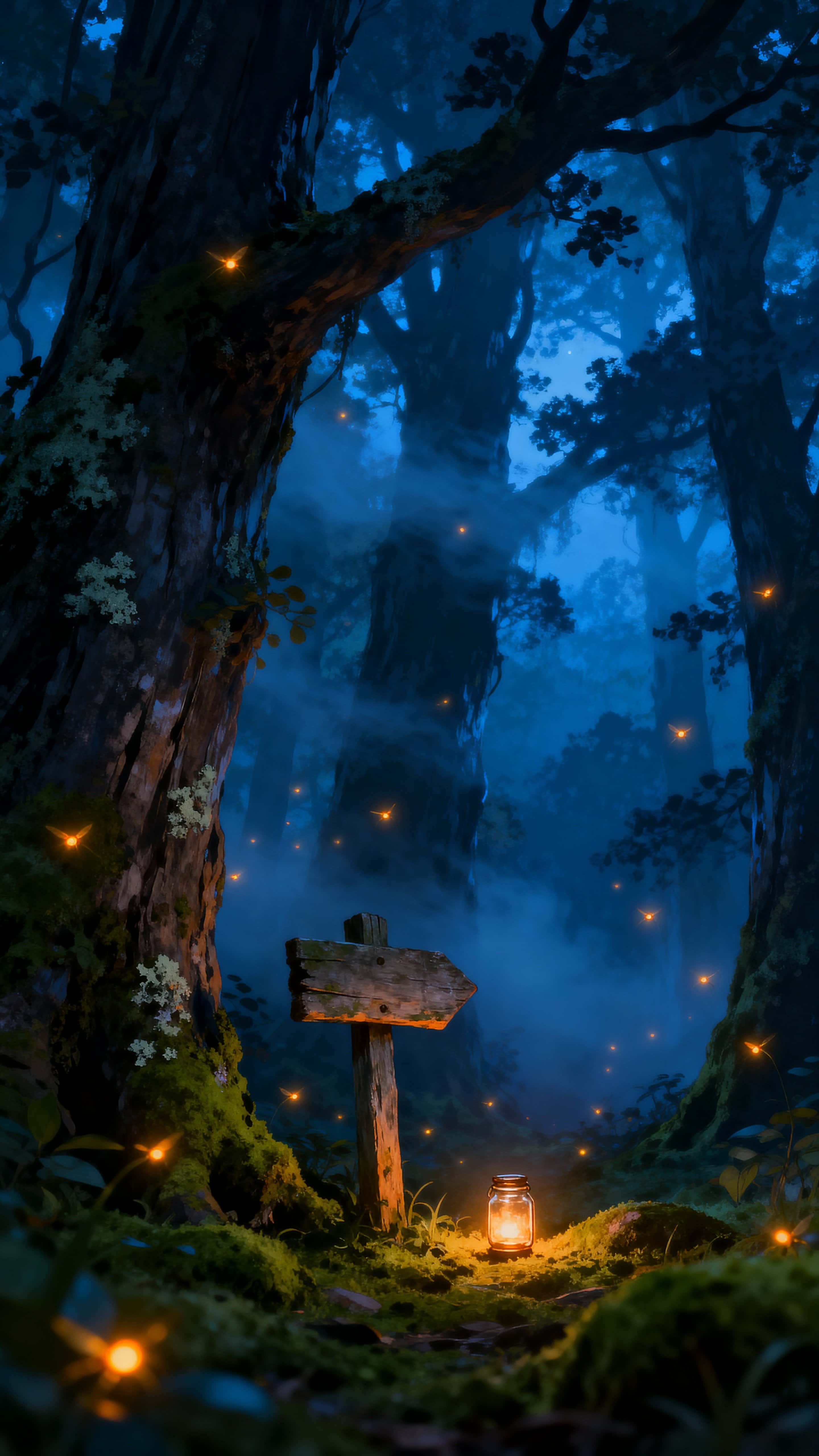 A vertical 9:16 night scene of fireflies lighting a misty forest, their warm amber pinpoints weaving through cool deep-blue and green foliage to create a serene, magical atmosphere.