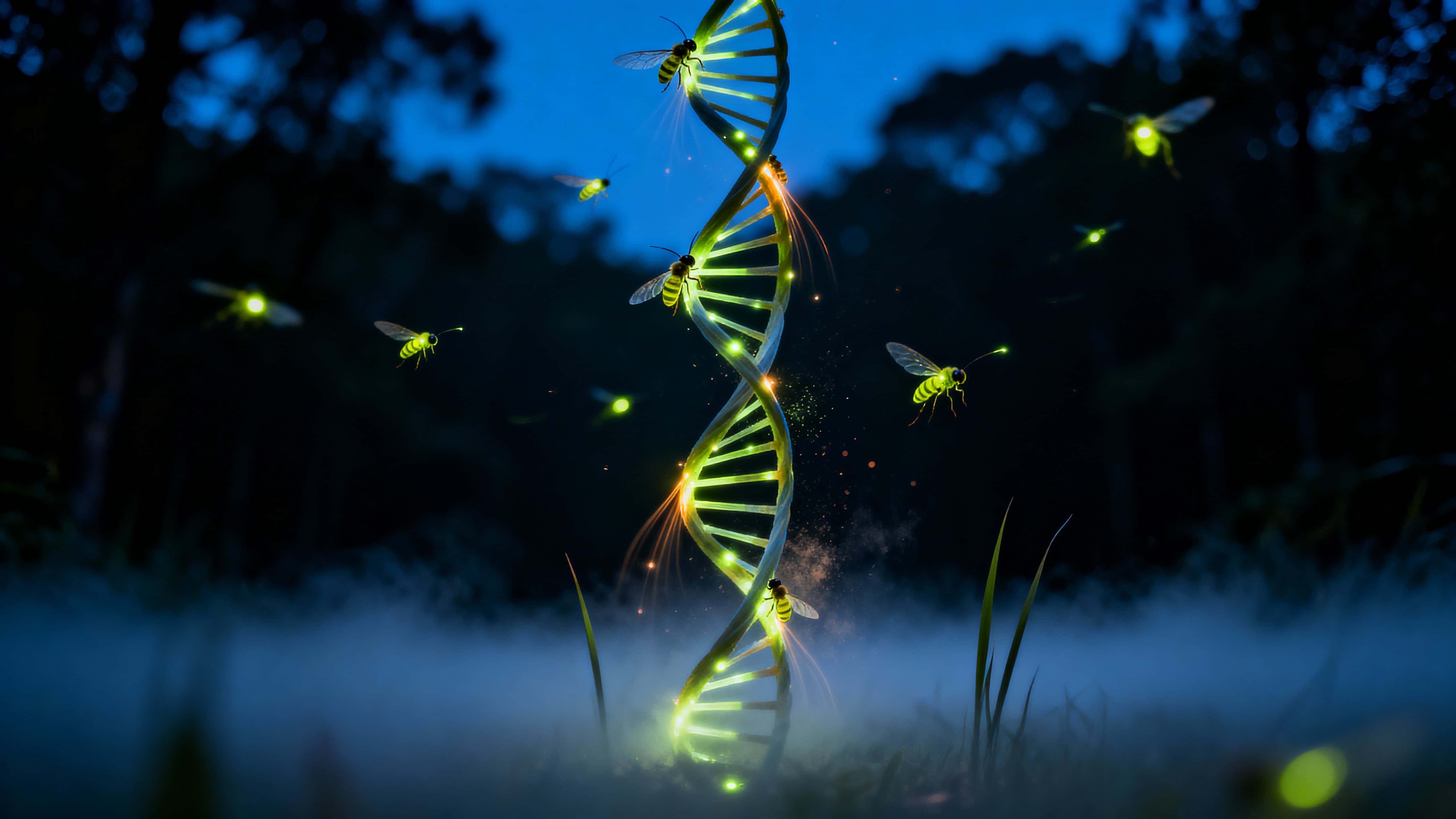 A double-helix of warm chartreuse fireflies spirals upward in a charcoal night clearing with sparse foreground haze, midplane focus on the central crossover, and reserved negative space.