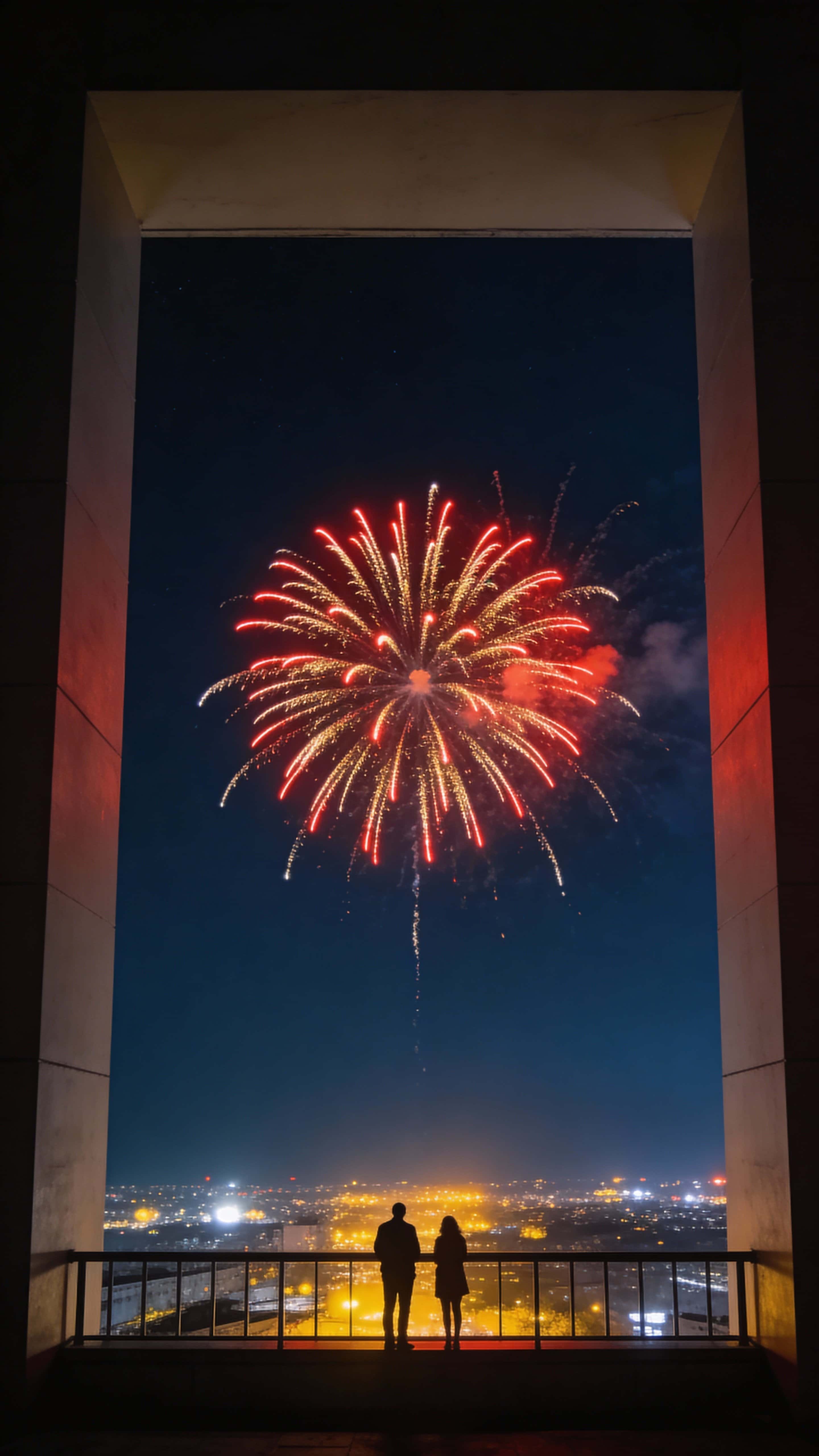 Vertical 9:16 poster showing a vast night sky where fireworks bloom high above, small human silhouettes on a foreground balcony and distant city lights below, conveying dramatic scale and ultra-realistic cinematic clarity.