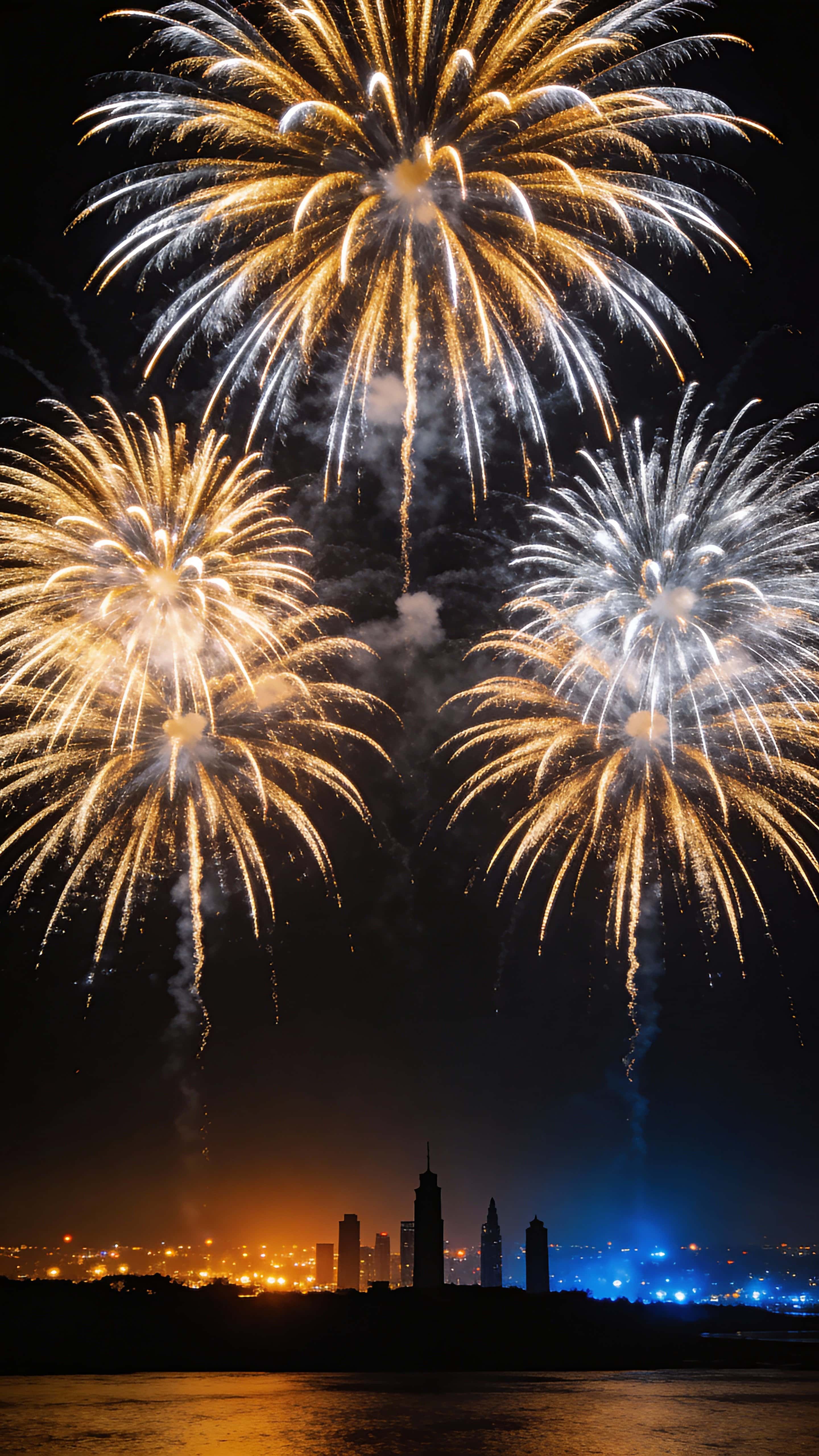 Large, colorful fireworks bloom across a vertical night sky above a softly lit city skyline, with minimal foreground silhouettes and crisp cinematic color grading.