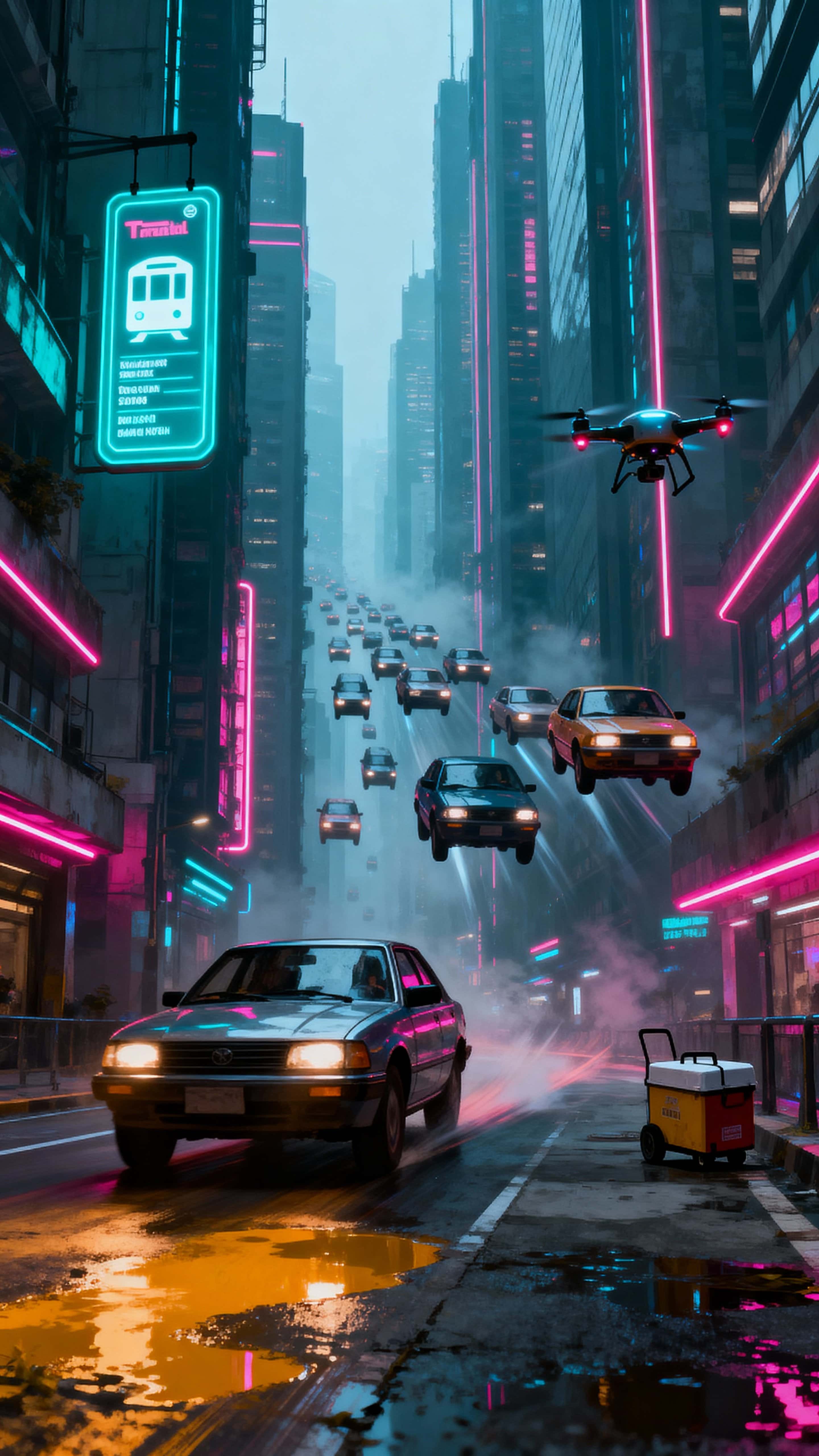 Floating cars drift between towering neon skyscrapers in a vertical 9:16 scene, framed for a cinematic poster with deep atmosphere and crisp foreground detail.