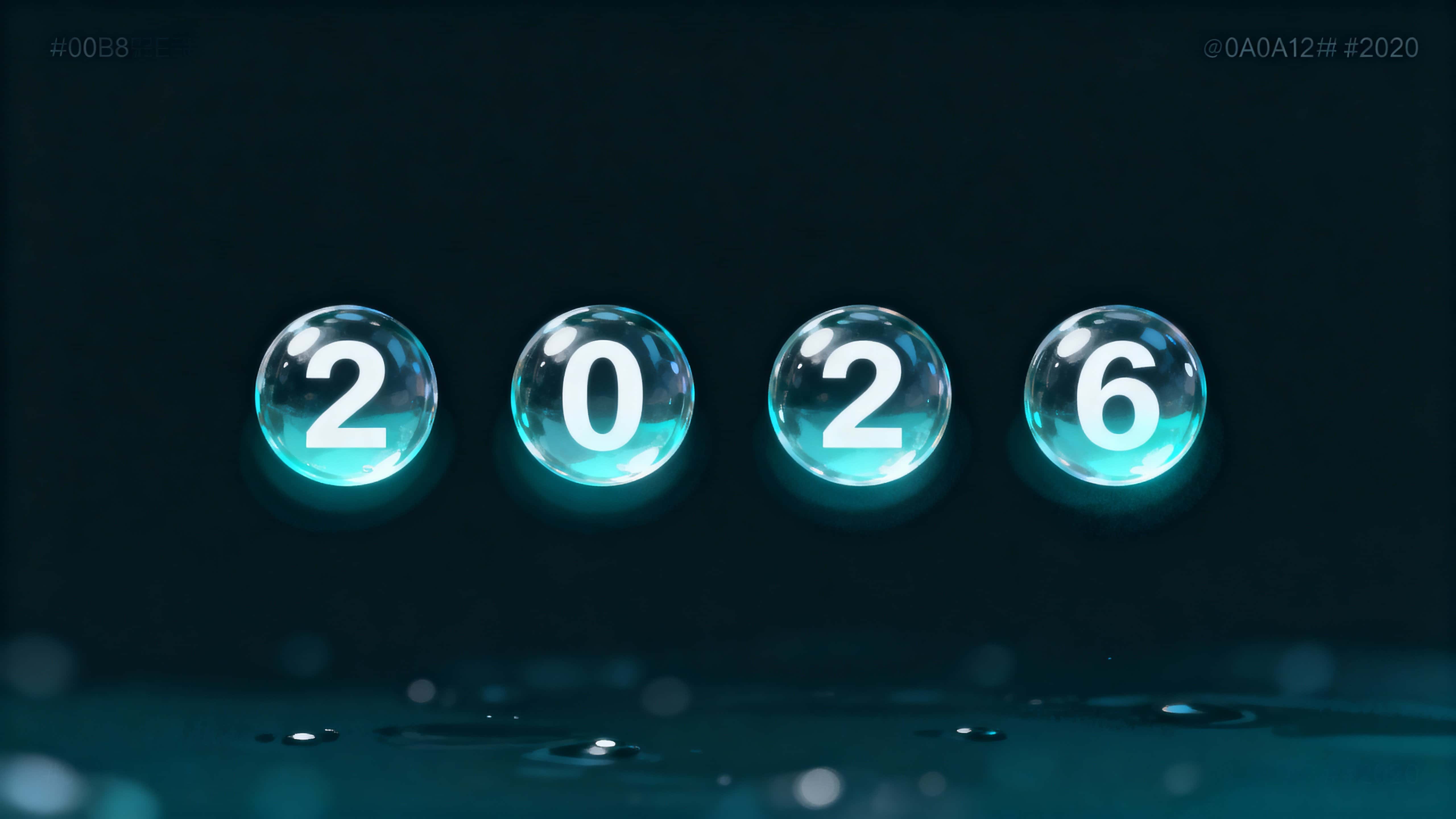A 16:9 digital scene of four tiny translucent orbs in a horizontal row, each holding a single digit 2‑0‑2‑6, faint halo glow, pure empty background, quiet mood.