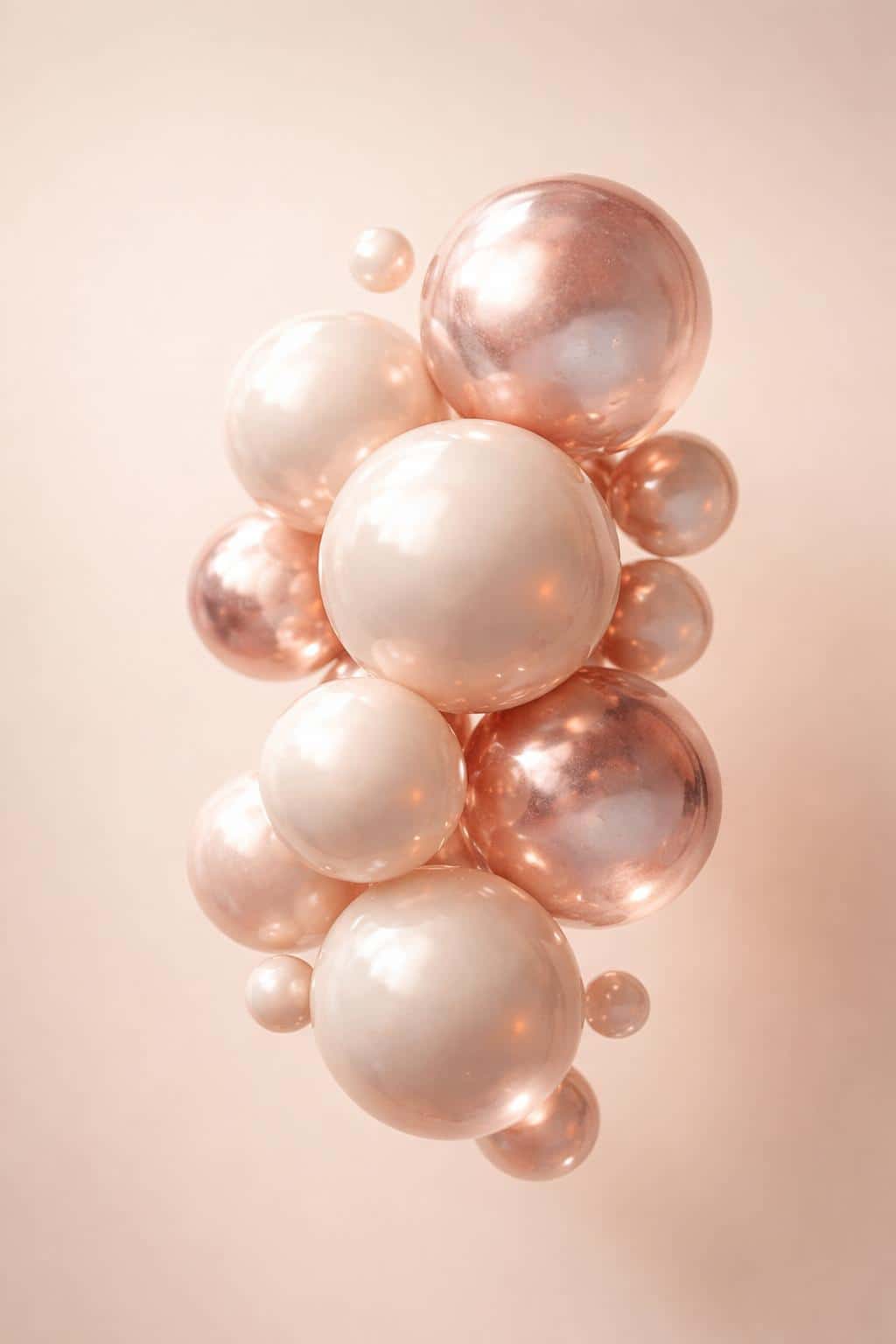 Close-up product-style still life of glossy floating spheres in soft rose-gold and pearl tones, composed for a 2:3 vertical wallpaper with calm minimalism and subtle reflections.